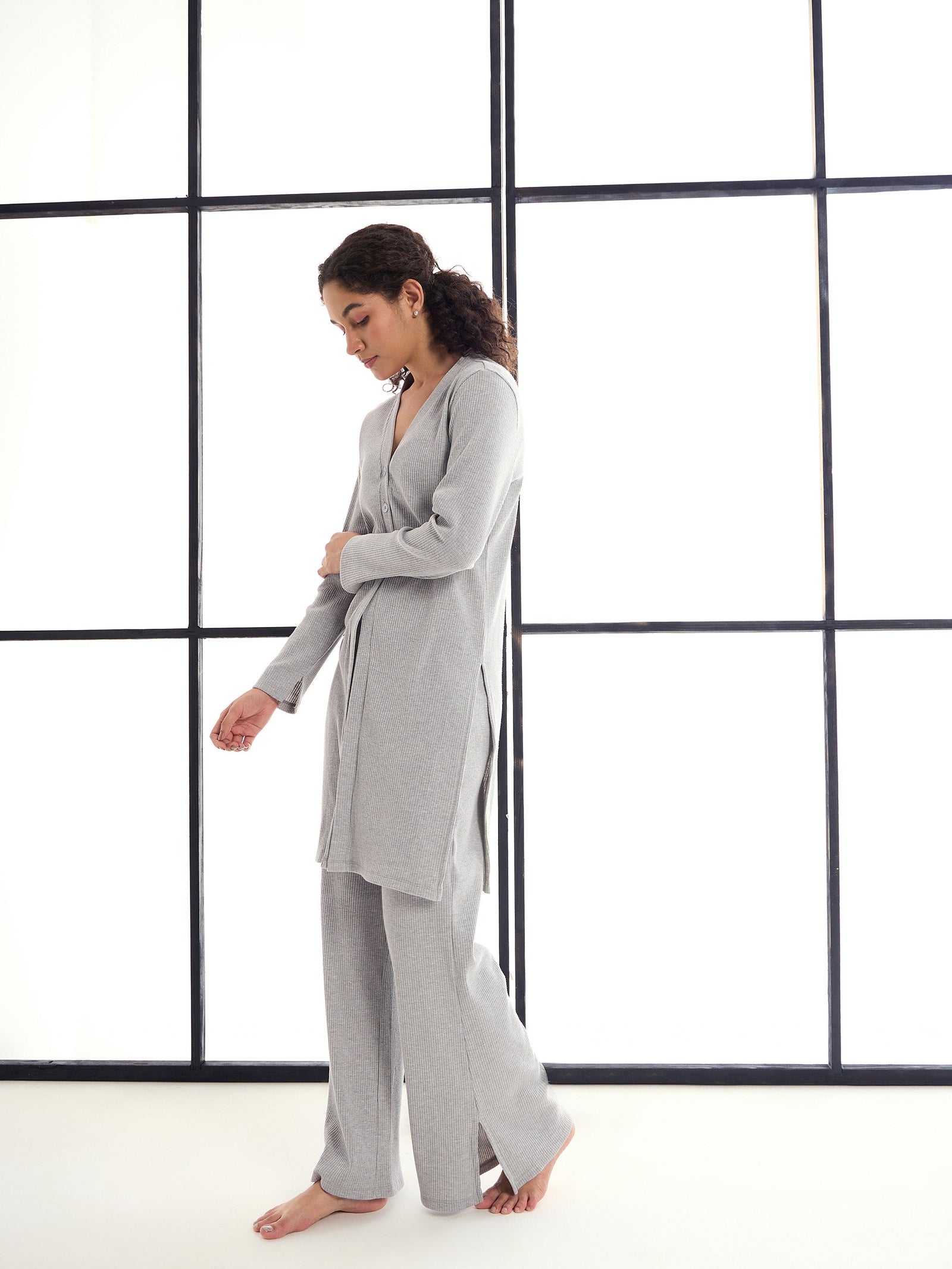 Women Grey Melange Button Shrug With Lounge Pants