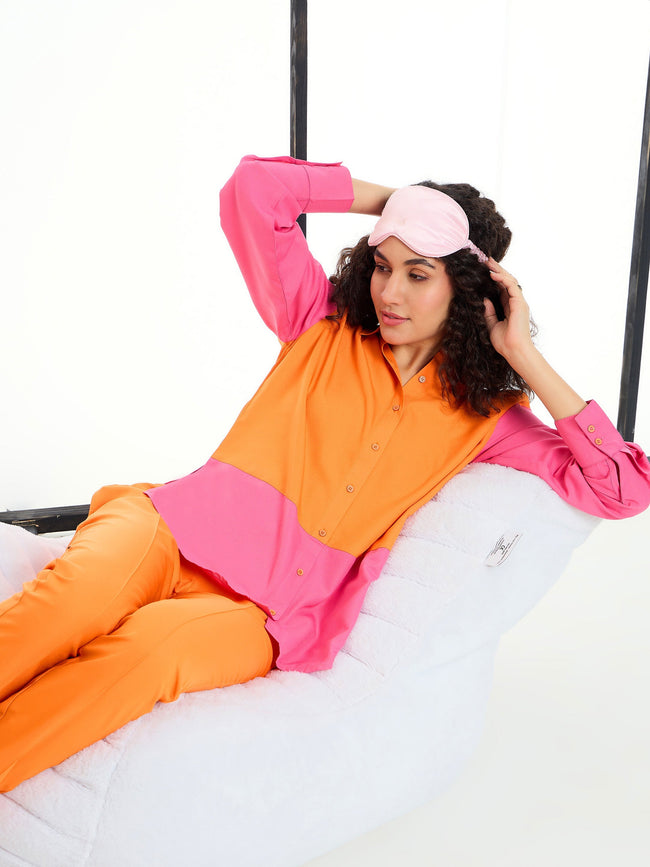 Women Orange & Pink ColorBlock Shirt With Pants