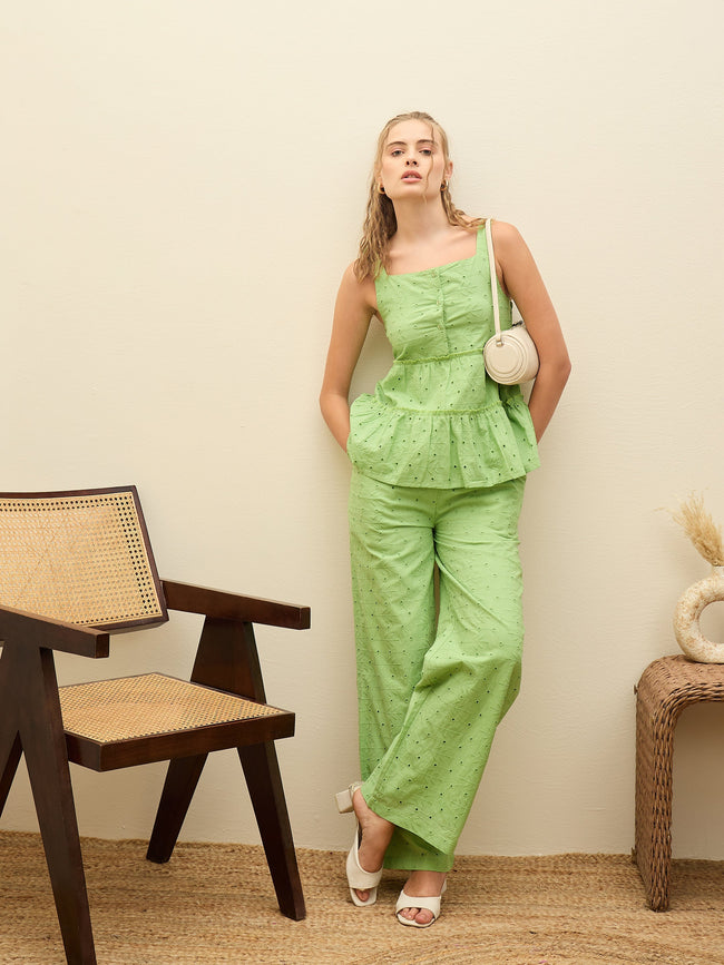 Women Green Schiffli Strappy Top With Pants
