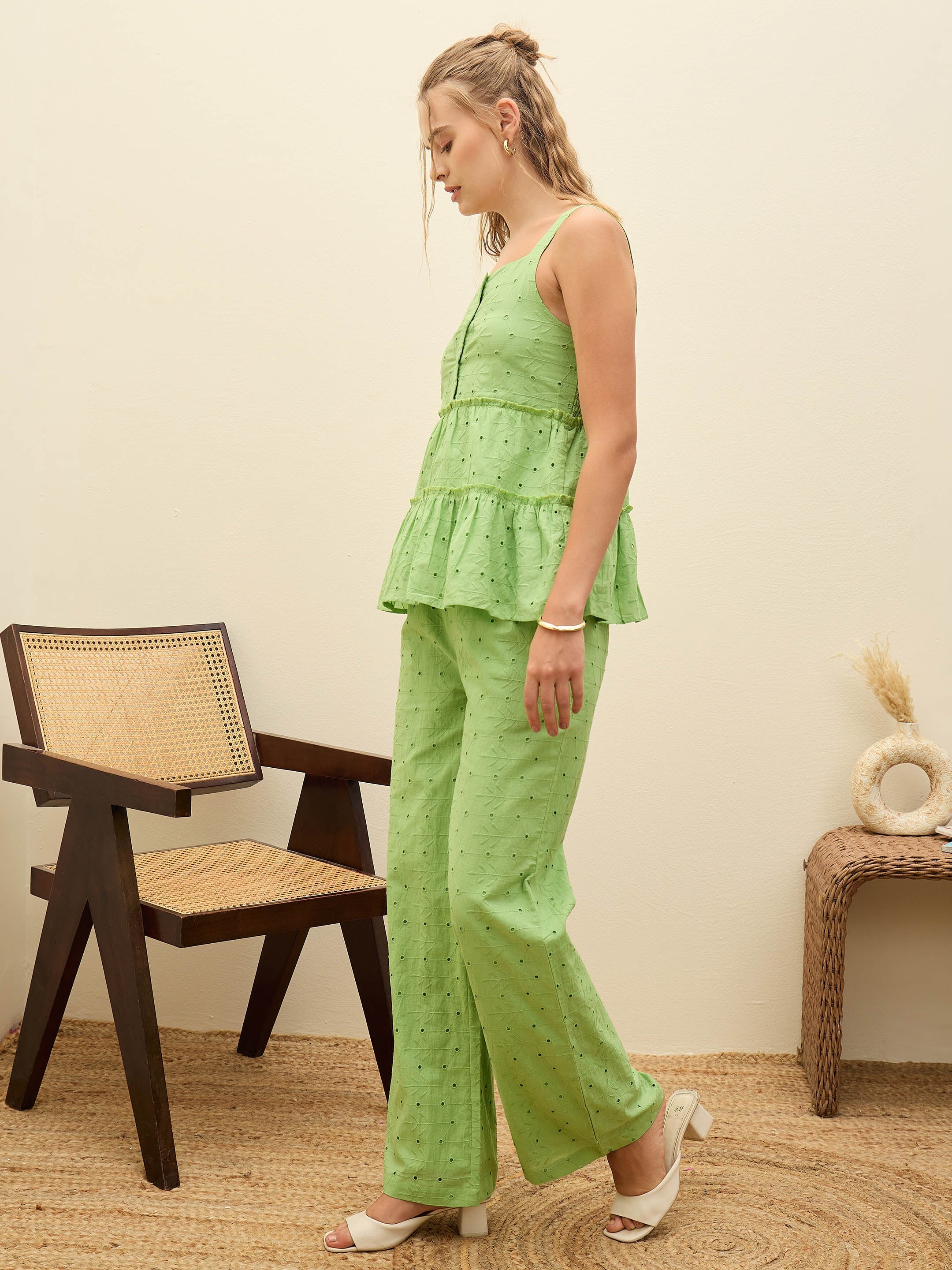 Women Green Schiffli Strappy Top With Pants
