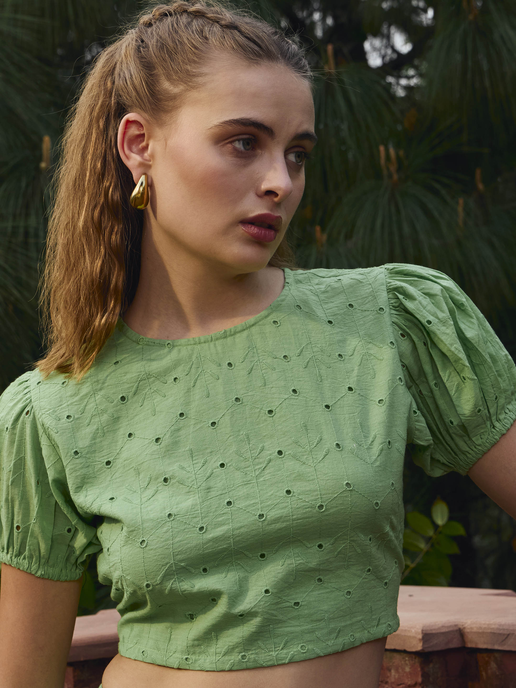 Women Green Schiffli Crop Top With Flared Skirt