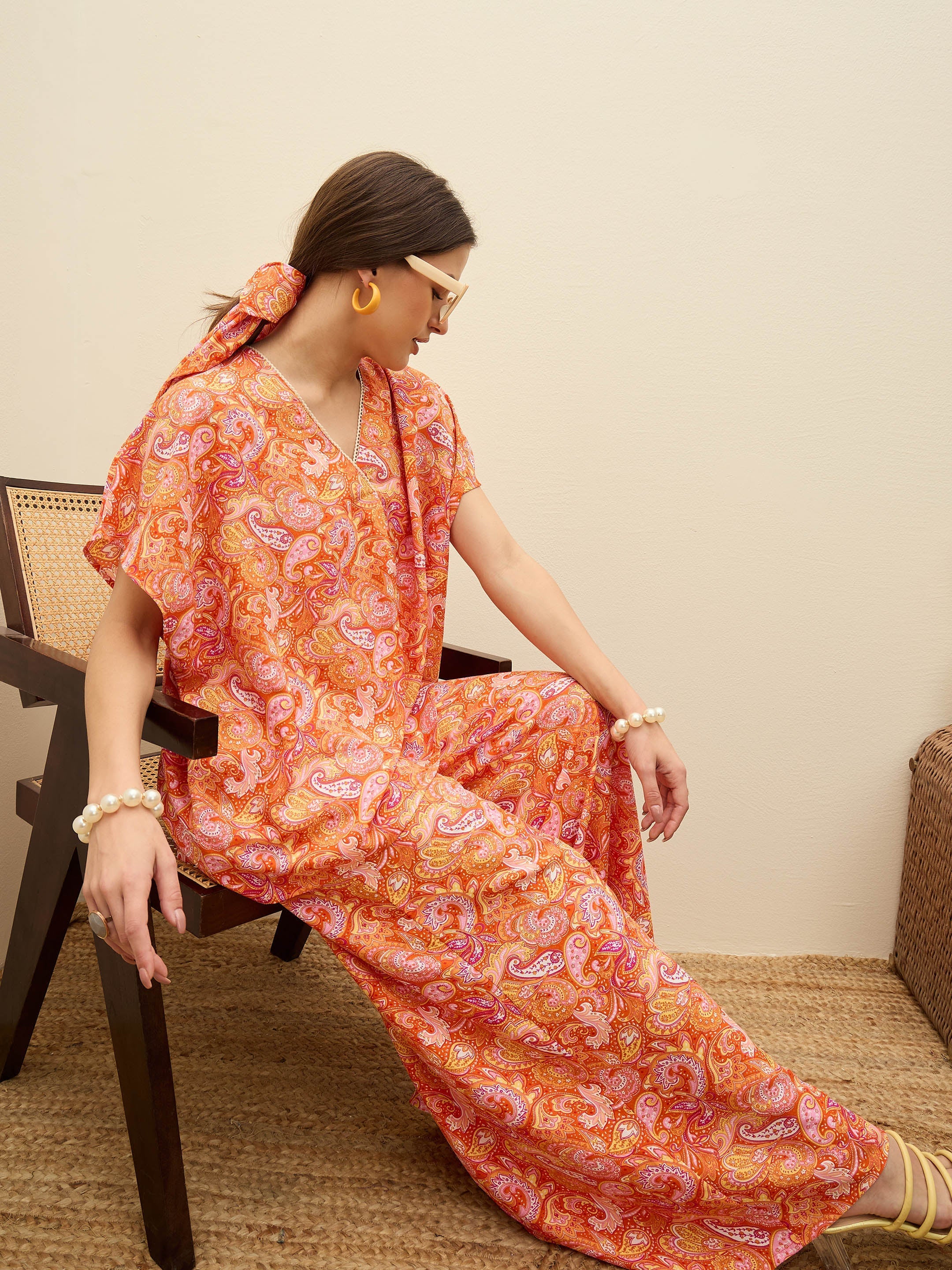 Women Orange Paisley V-Neck Top With Flared Pants