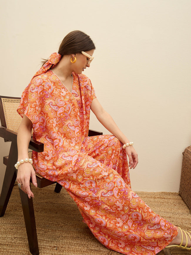 Women Orange Paisley V-Neck Top With Flared Pants