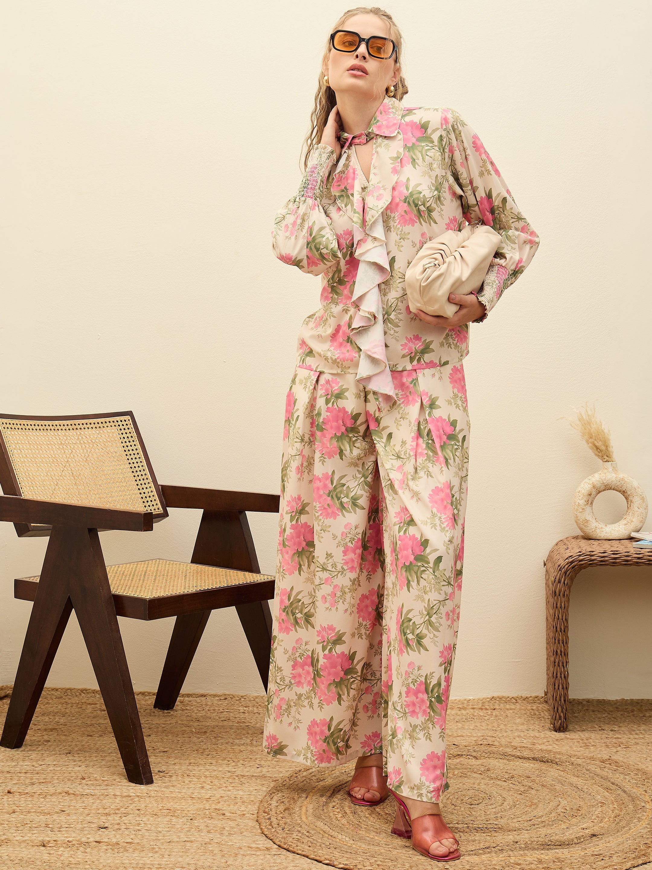 Women Beige Floral Top With Flared Pants