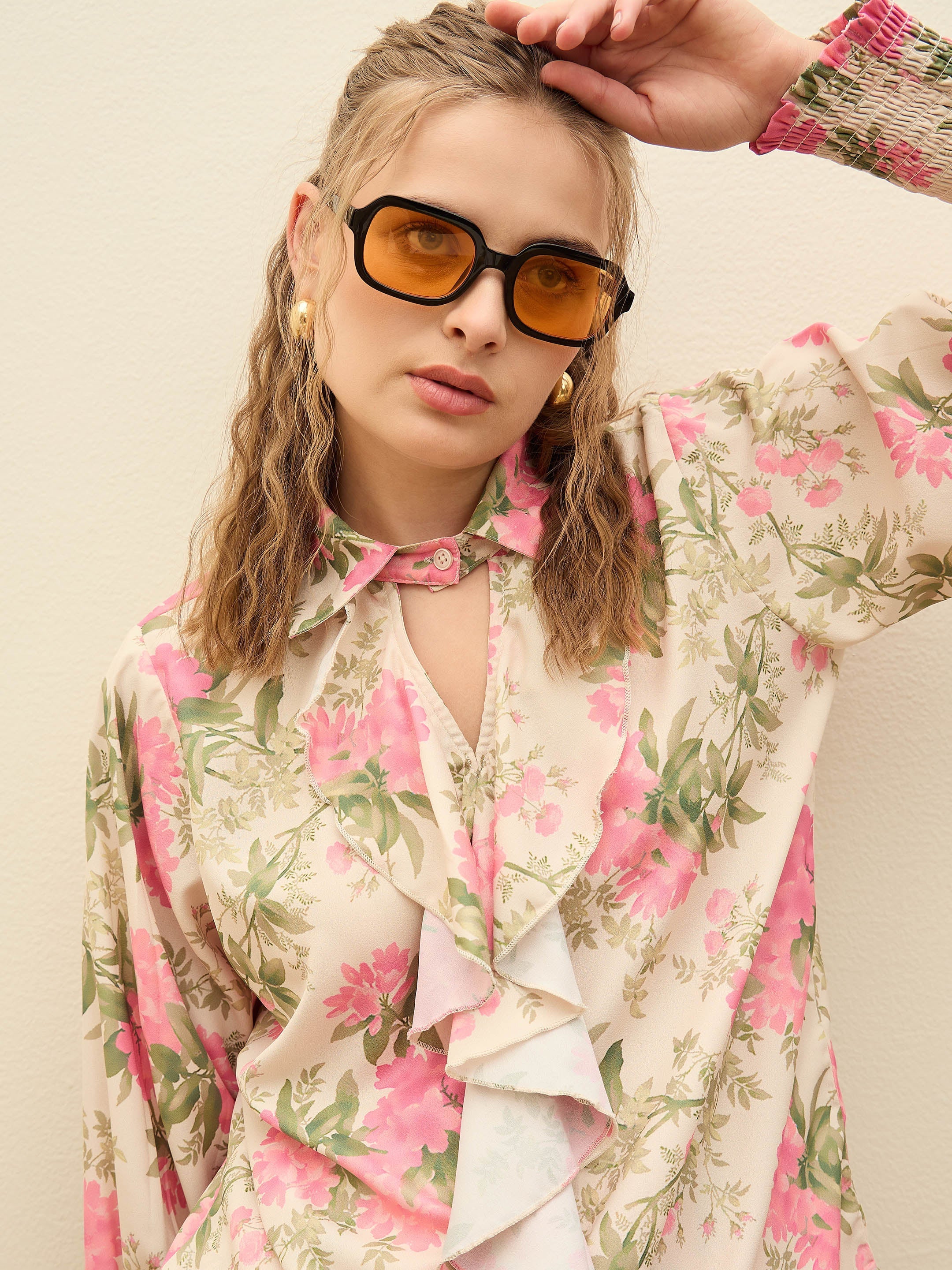 Women Beige Floral Top With Flared Pants