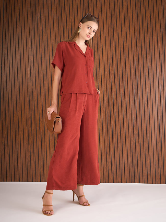 Women Rust Notch Collar Top With Straight Pants
