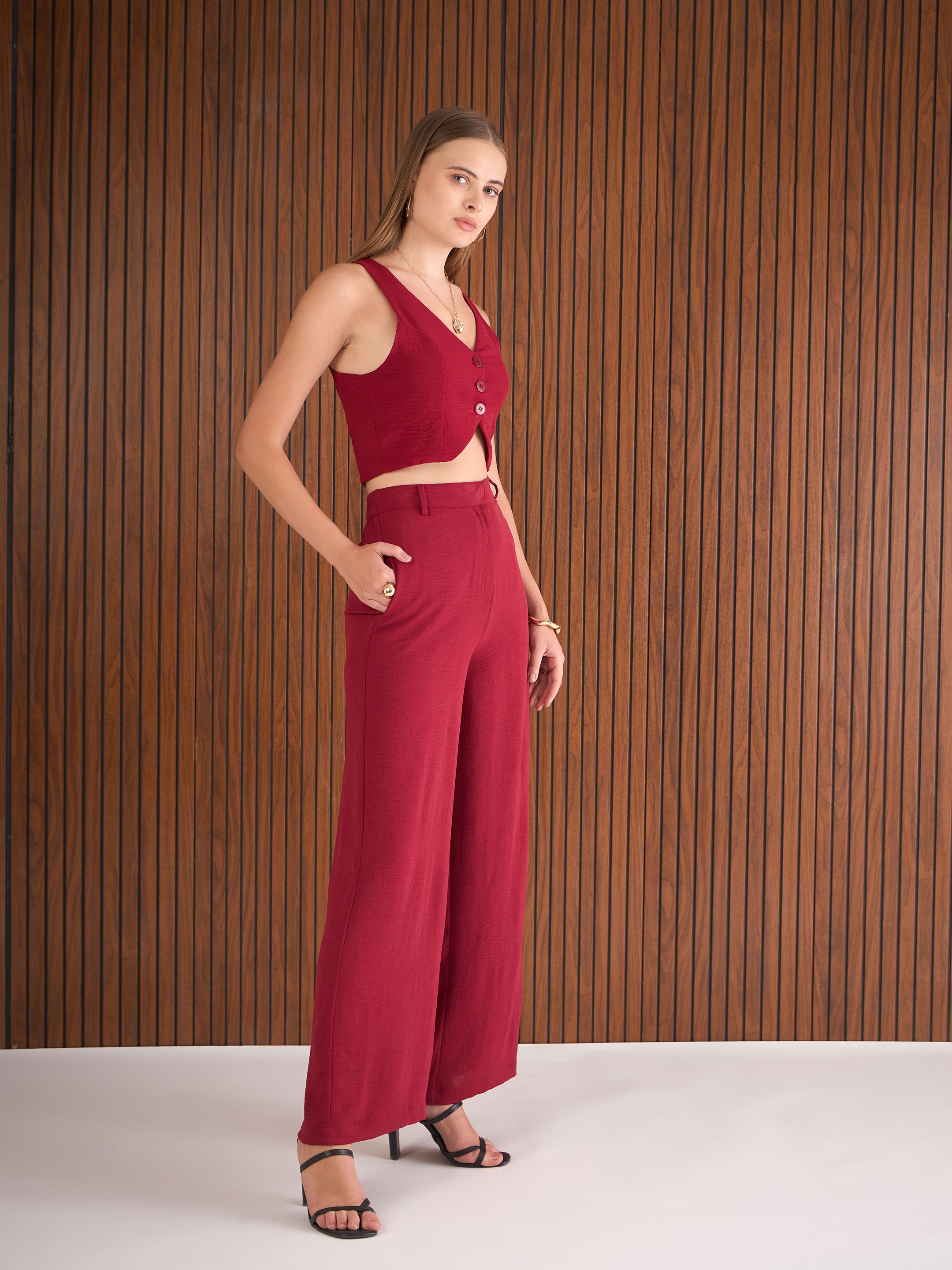 Women Maroon Waistcoat Top With Straight Pants