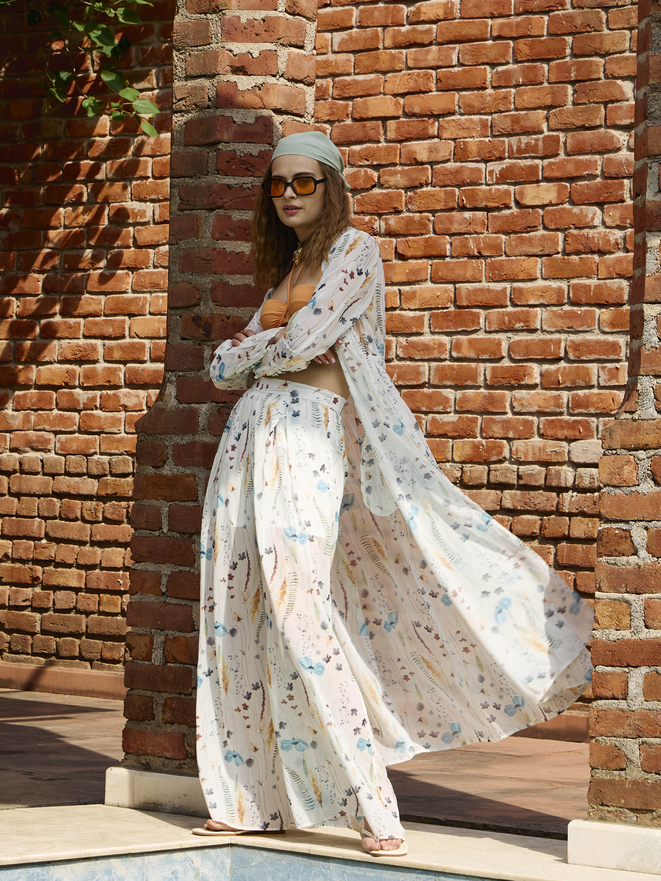 Women White Ditsy Floral Long Top With Flared Pants