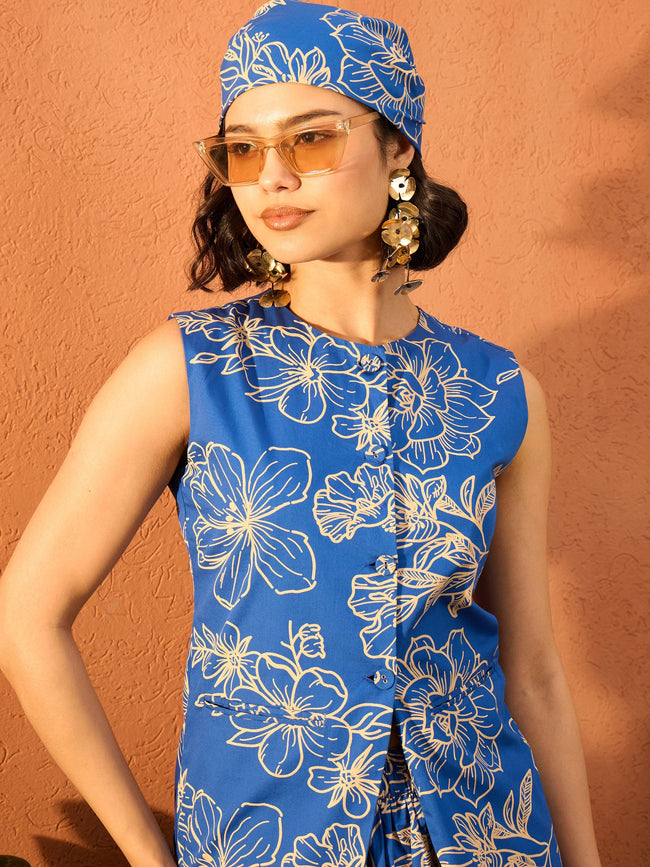 Women Blue & Off White Floral Vest Top With Skirt