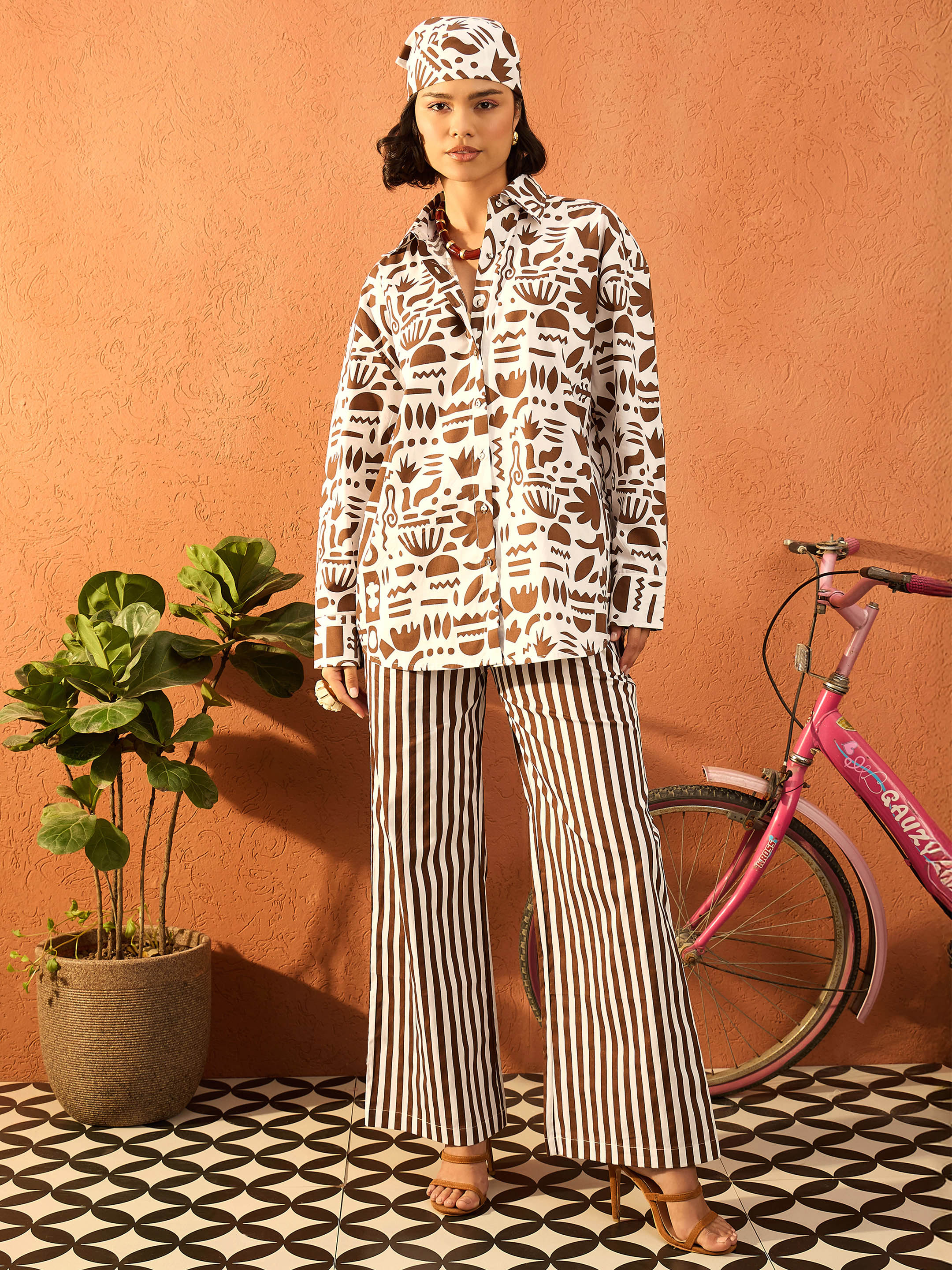 Women Brown & White Quirky Shirt With Straight Pants