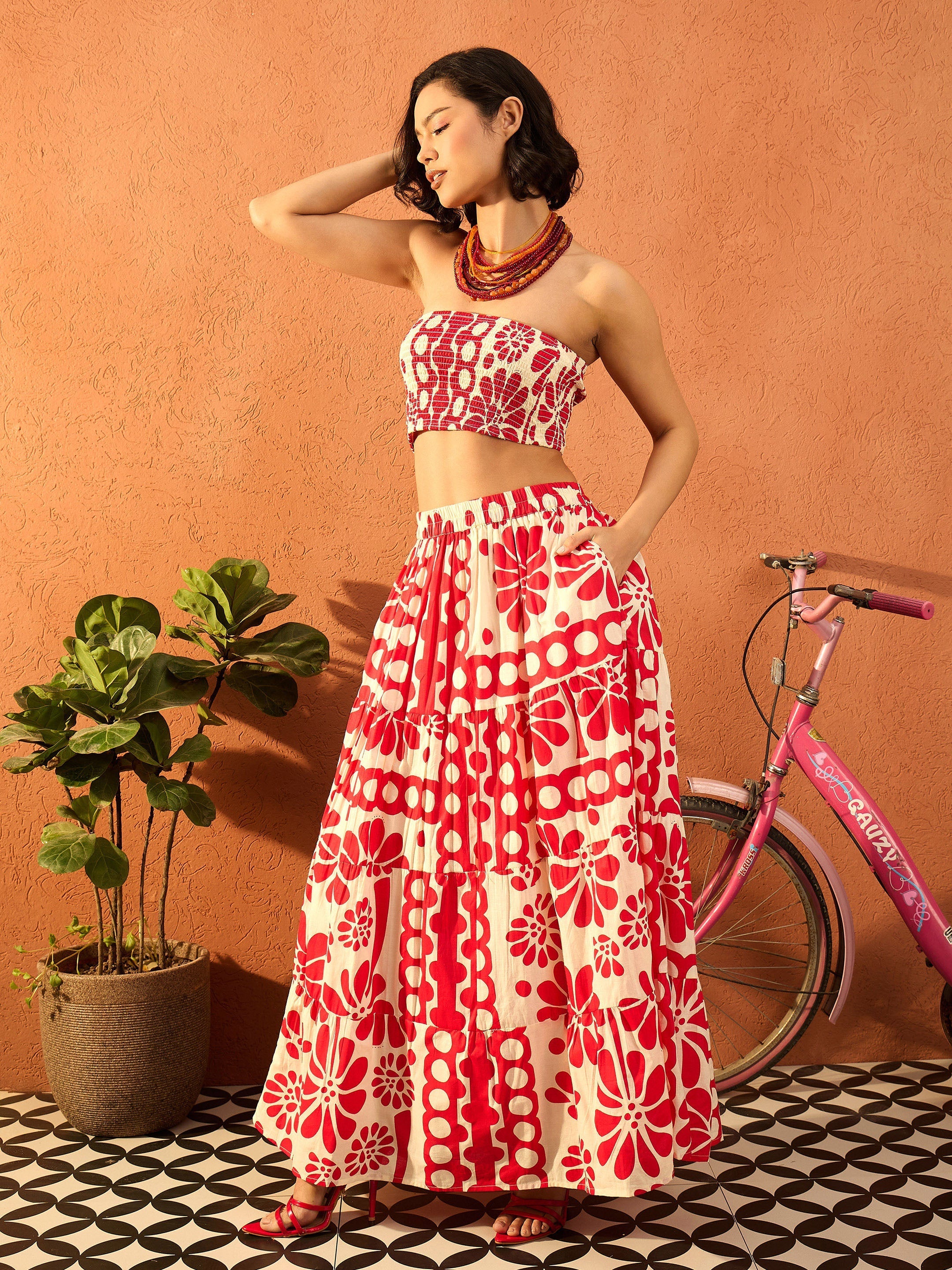 Women Red & Beige Floral Tube Top With Tiered Skirt