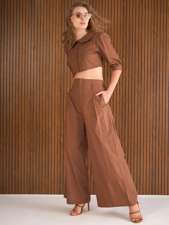 Women Brown Poplin Peterpan Collar Top With Flared Pants