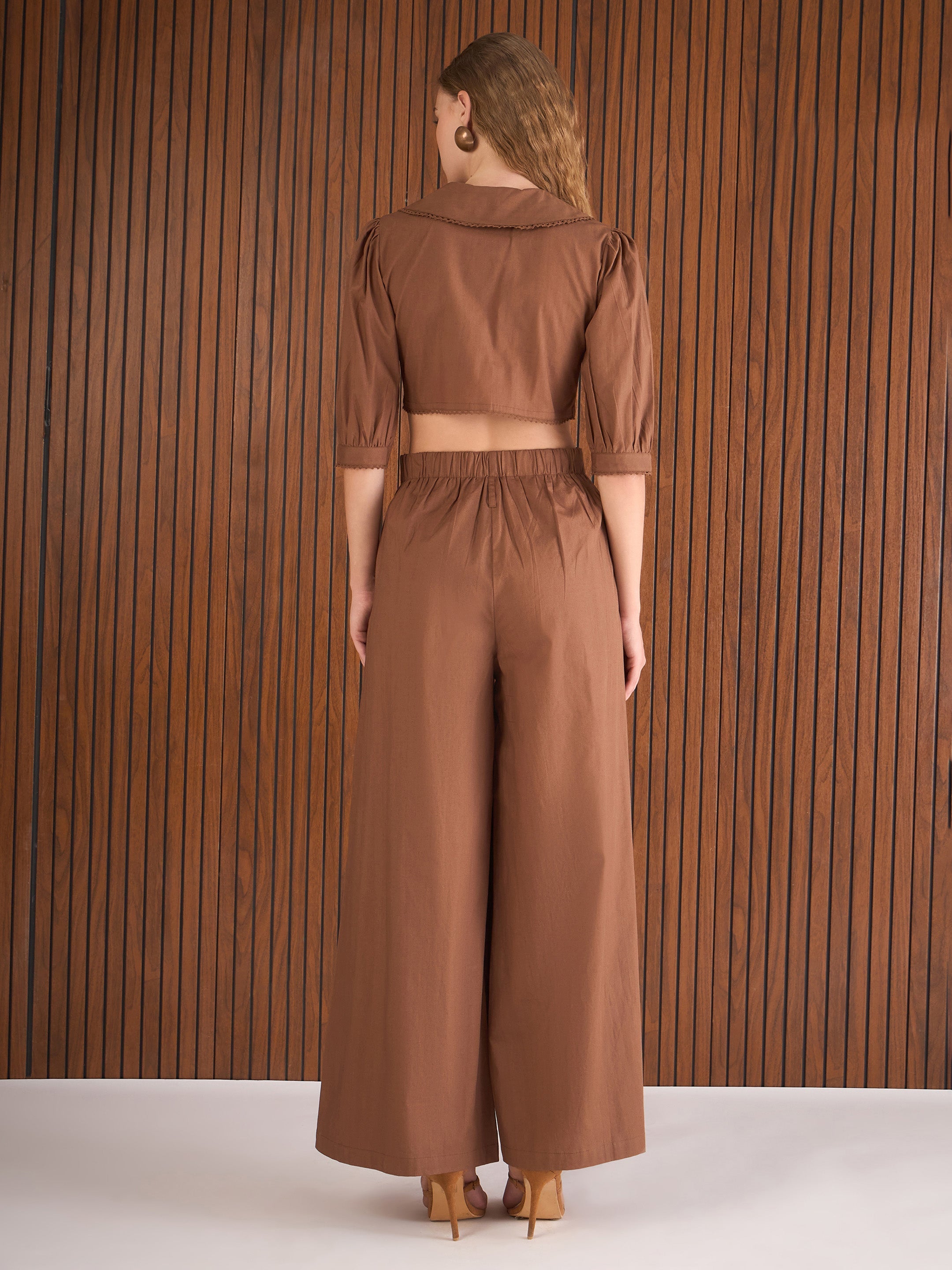 Women Brown Poplin Peterpan Collar Top With Flared Pants