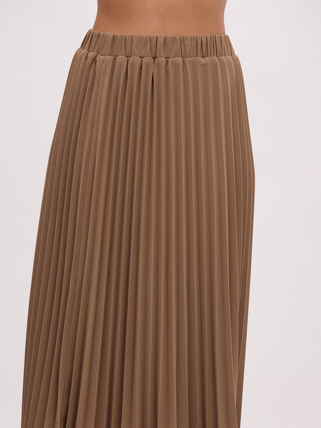 Women Dark Beige Sleeveless Waistcoat With Midi Skirt