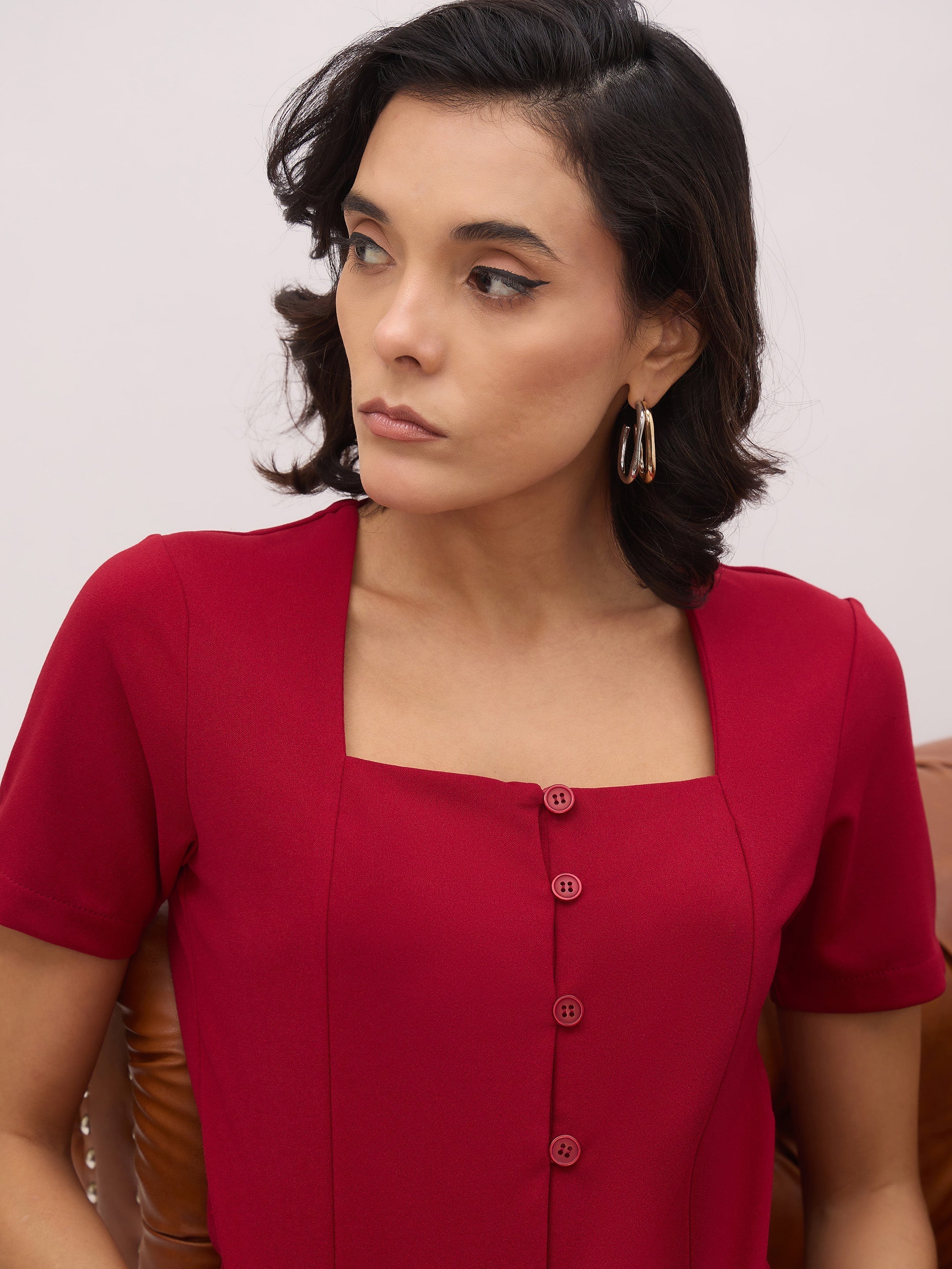 Women Maroon Button Top With Cross Pocket Pants