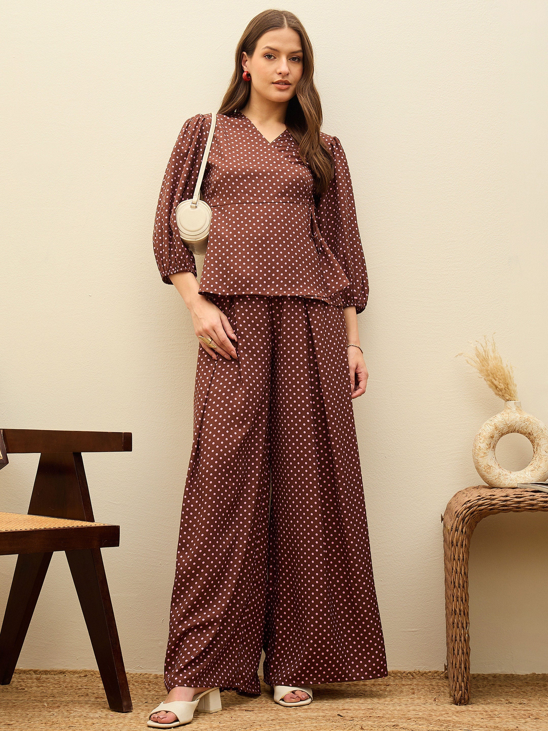 Women Brown Polka Dot Wrap Top With Flared Pants
