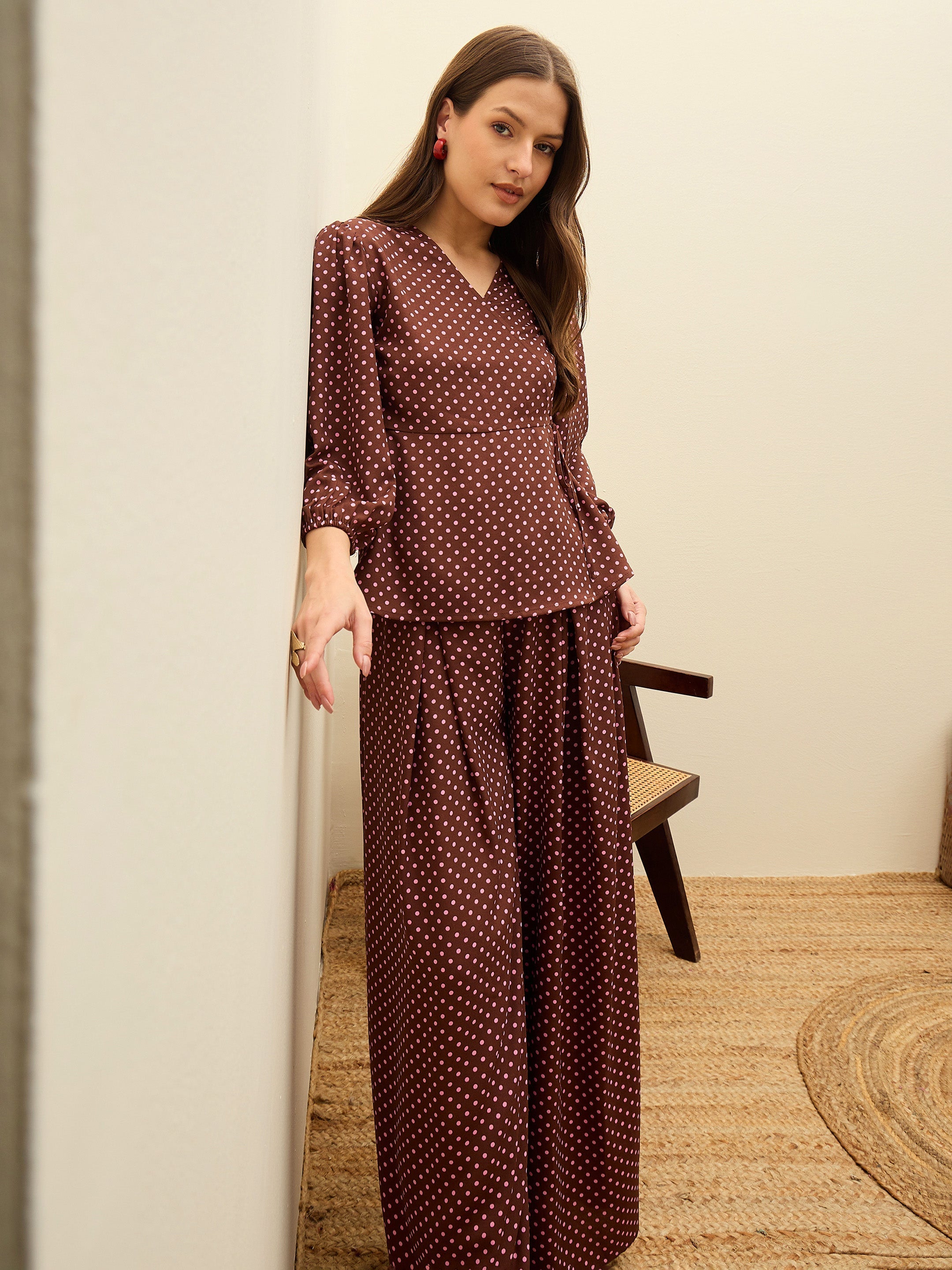 Women Brown Polka Dot Wrap Top With Flared Pants
