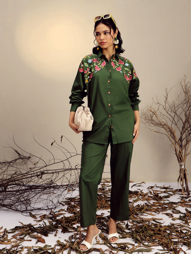 Women Olive Poplin Embroidered Shirt With Pencil Pants