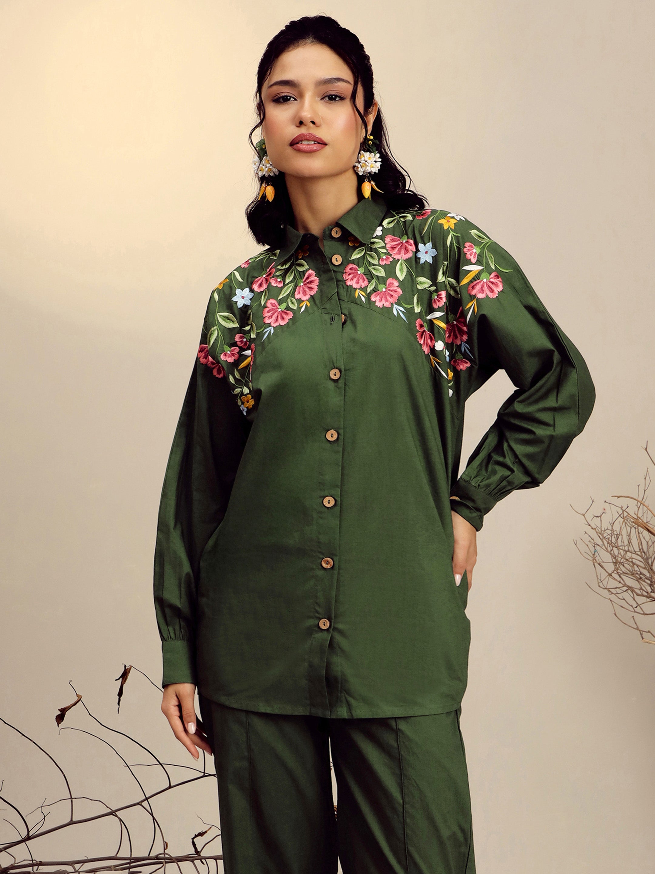 Women Olive Poplin Embroidered Shirt With Pencil Pants