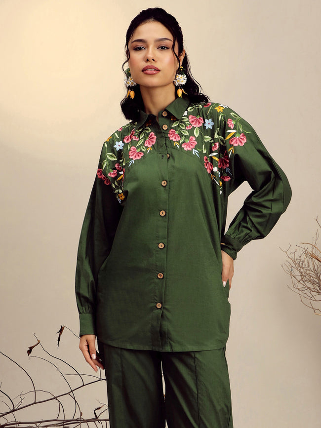 Women Olive Poplin Embroidered Shirt With Pencil Pants