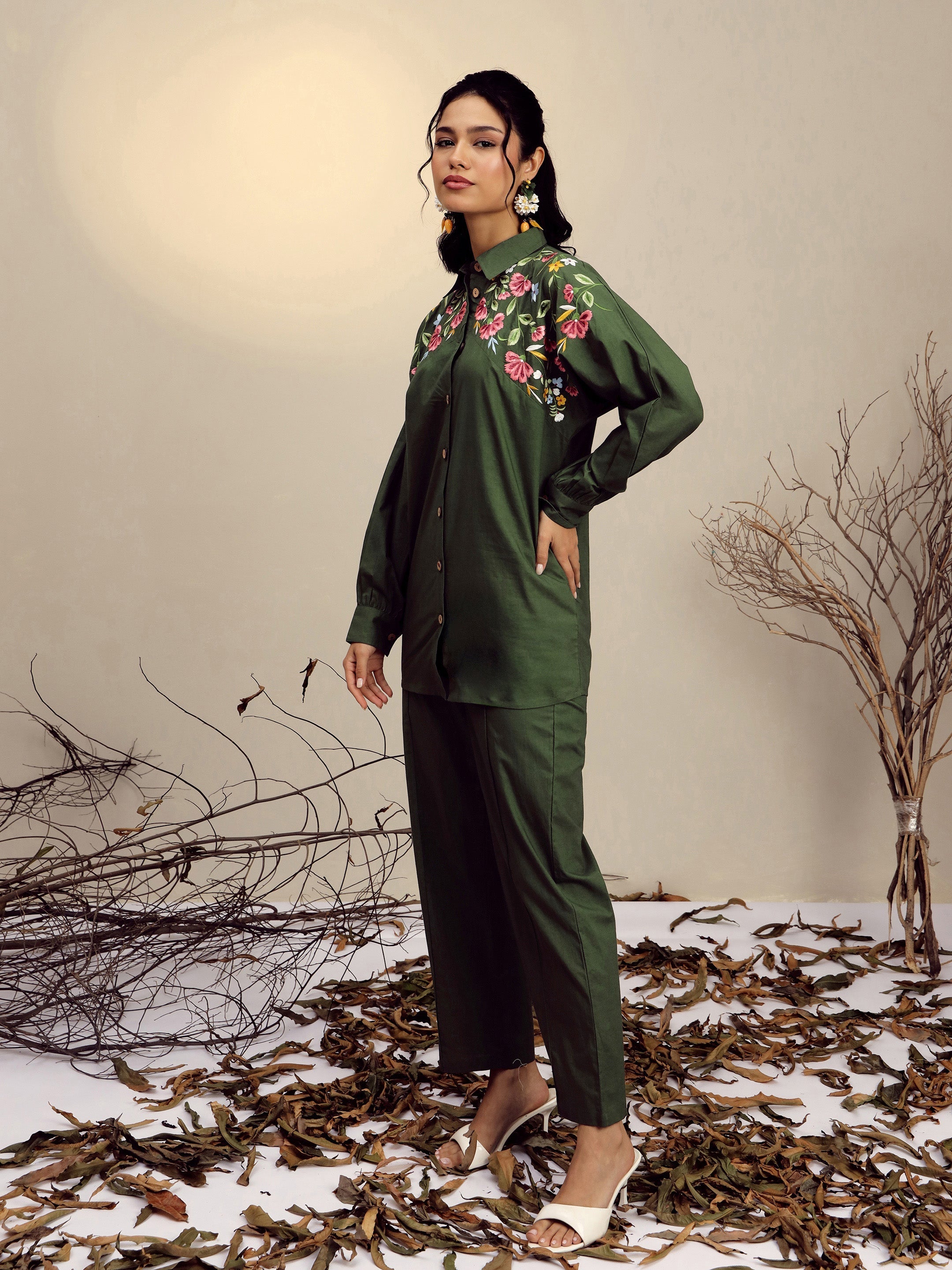 Women Olive Poplin Embroidered Shirt With Pencil Pants