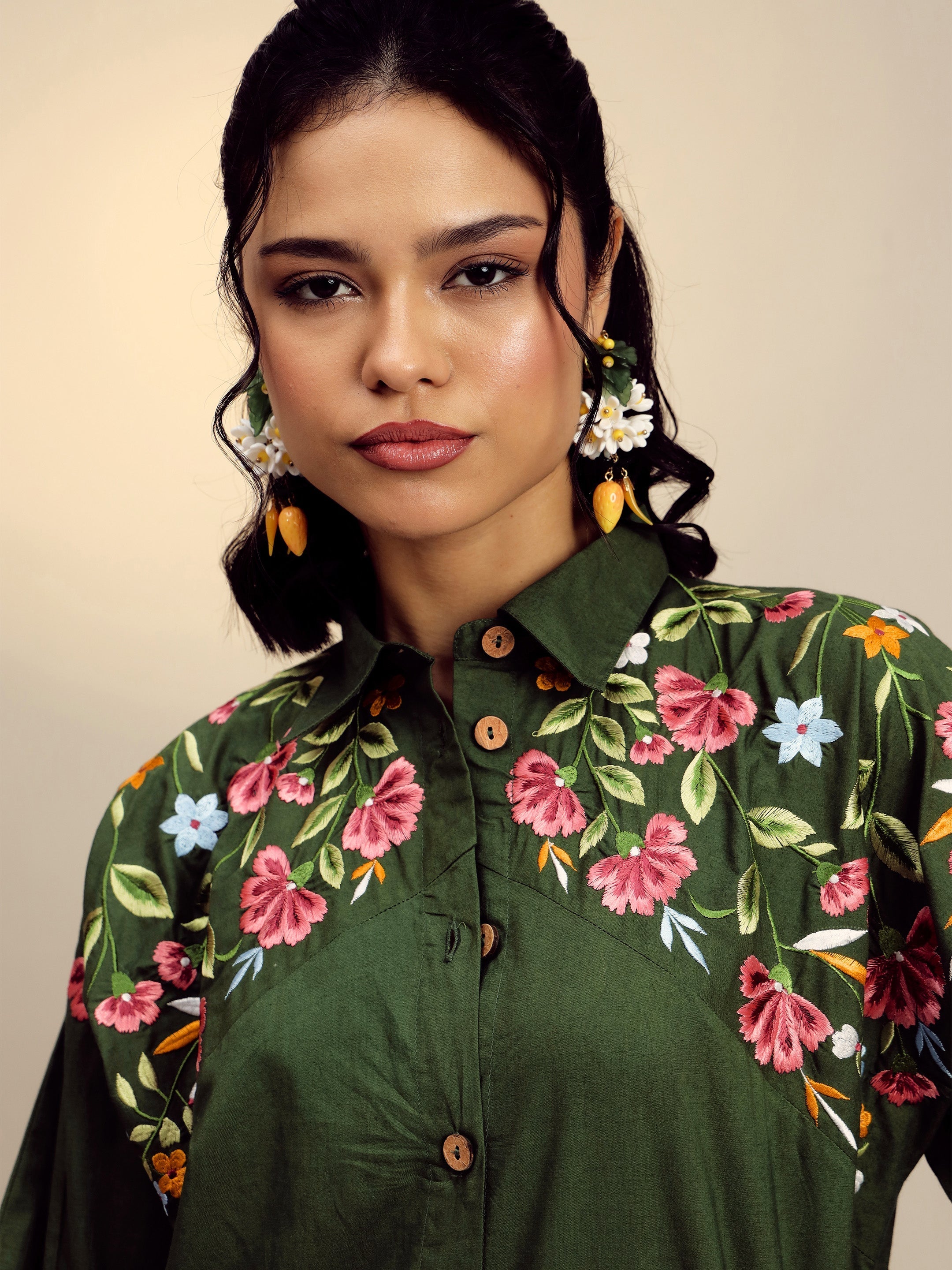 Women Olive Poplin Embroidered Shirt With Pencil Pants