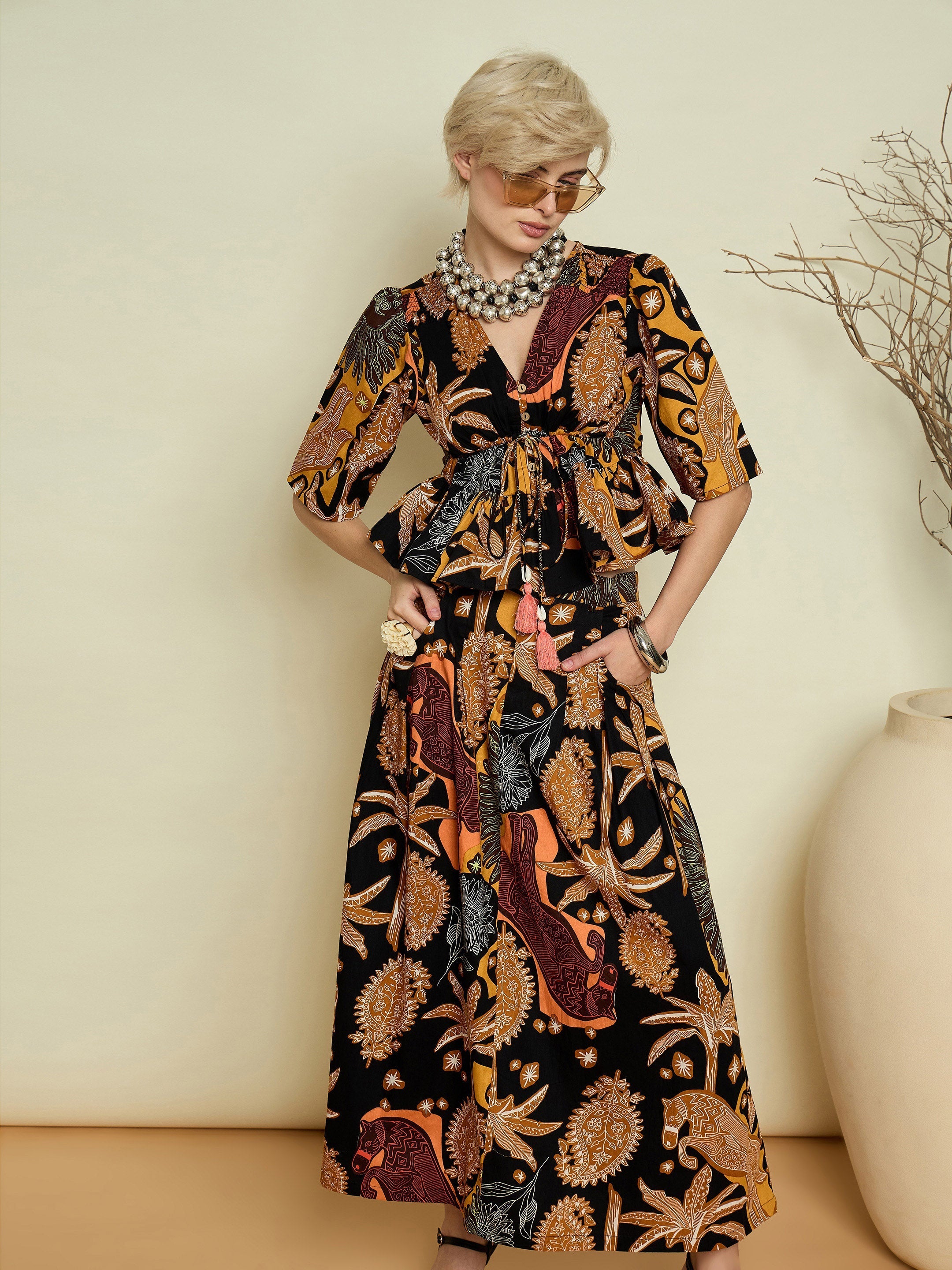Women Black Boho Printed Peplum Top With Skirt