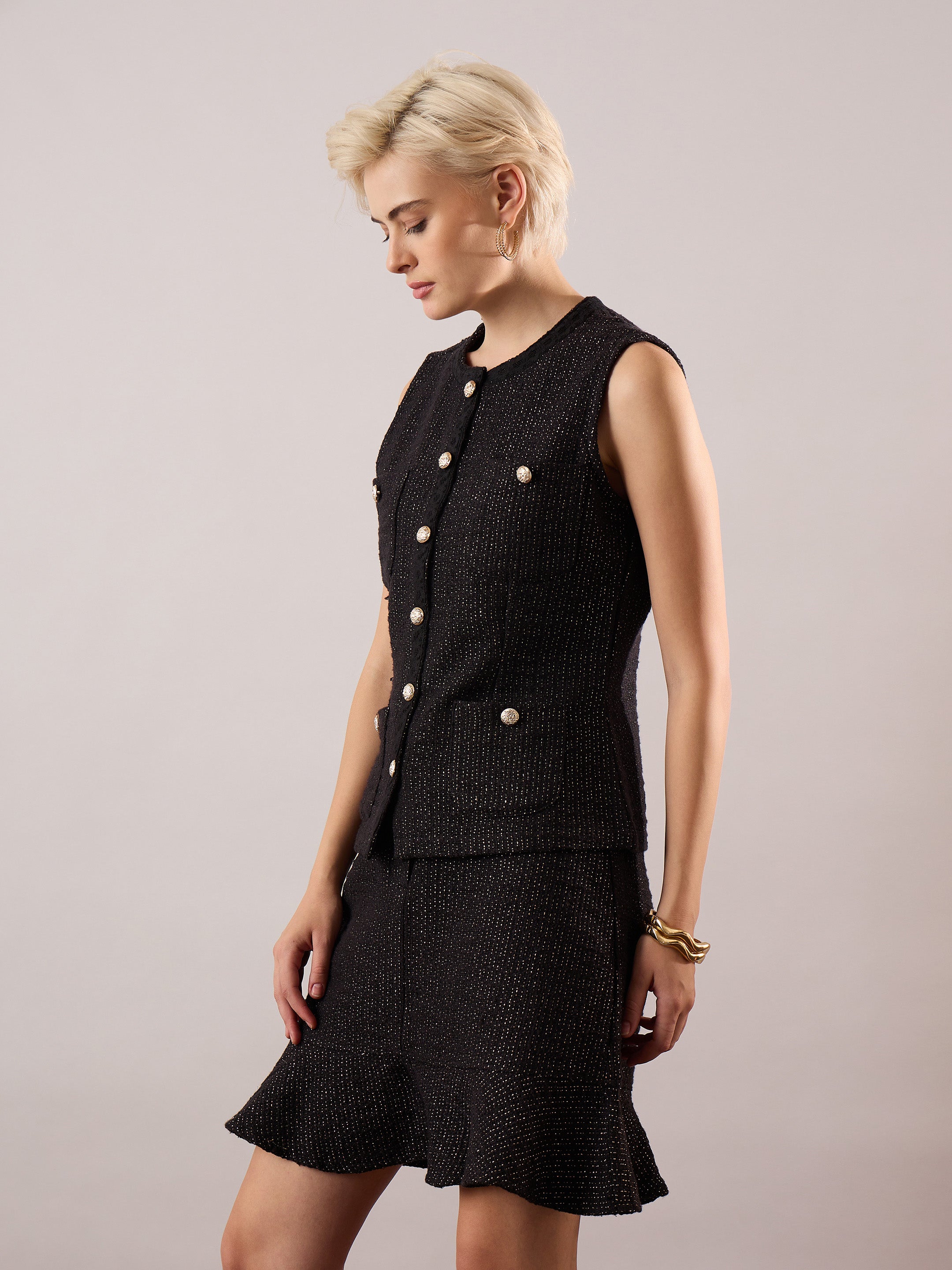 Women Black Tweed Waist Top With Flared Mini Skirt