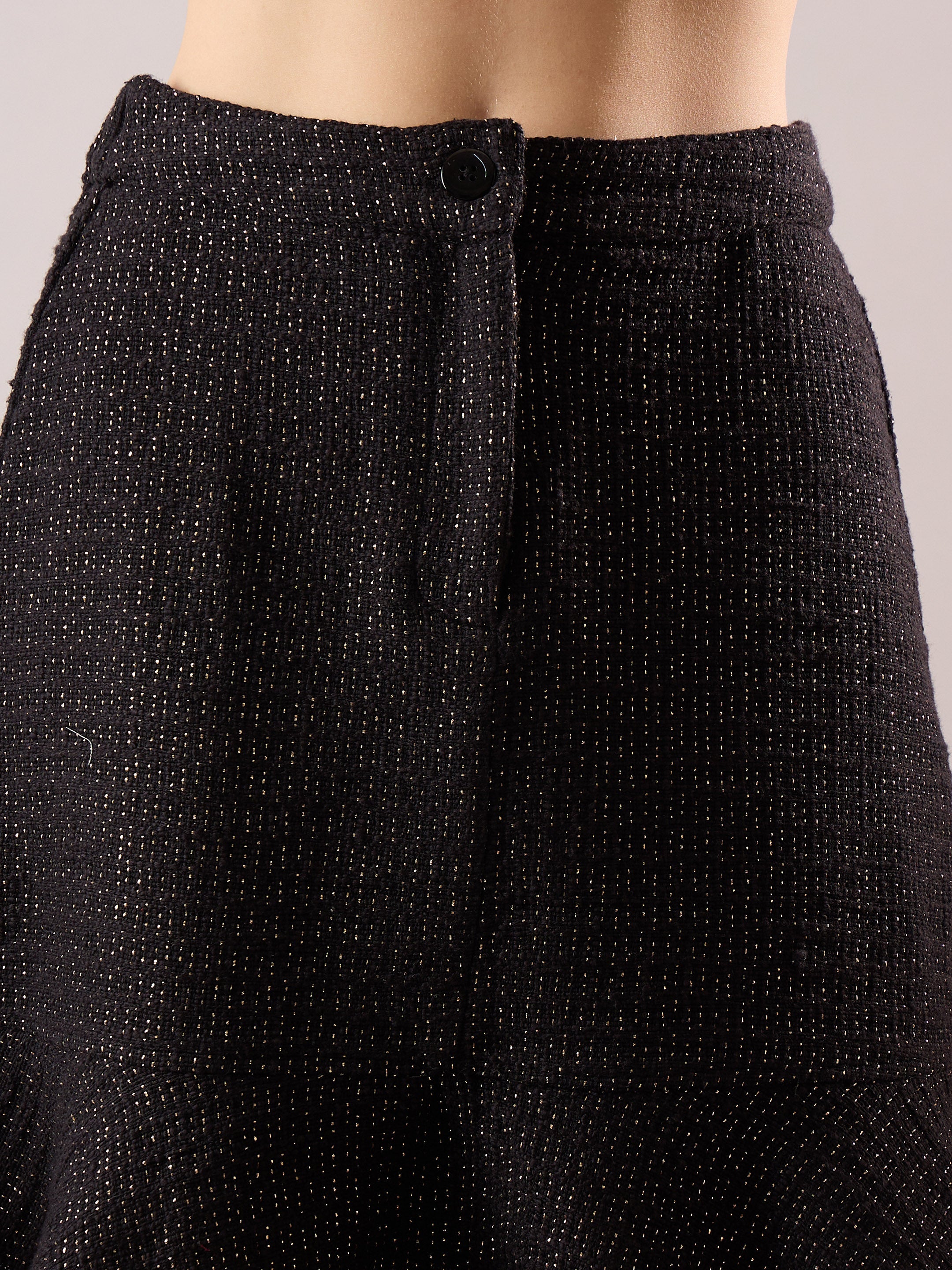 Women Black Tweed Waist Top With Flared Mini Skirt