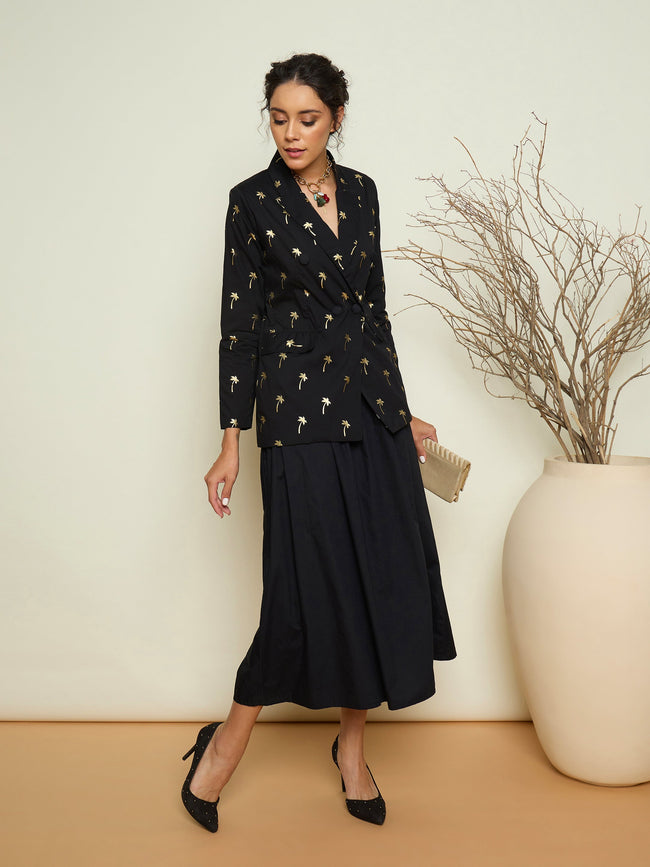 Women Black Foil Printed Blazer With Gathered Skirt