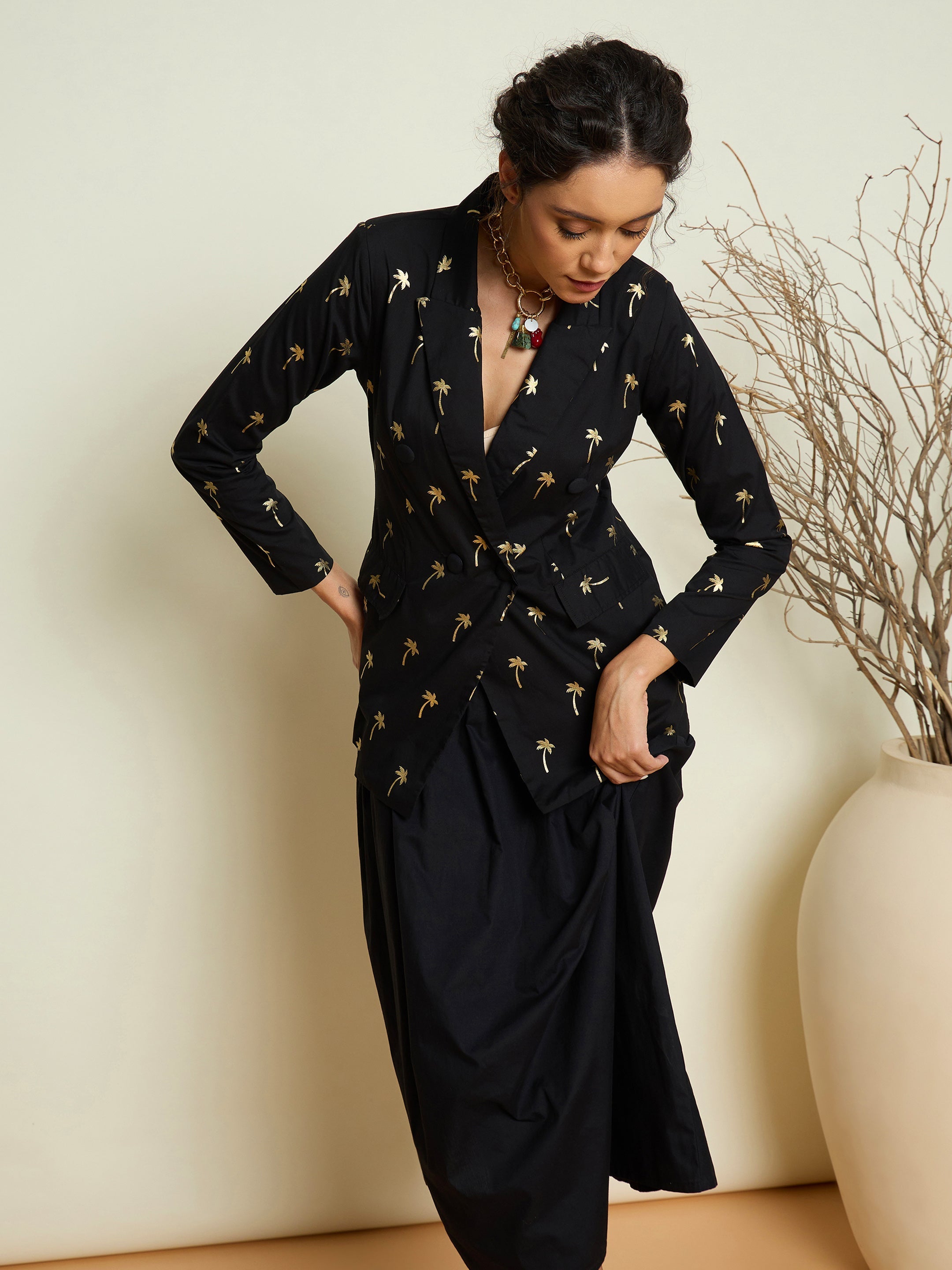 Women Black Foil Printed Blazer With Gathered Skirt