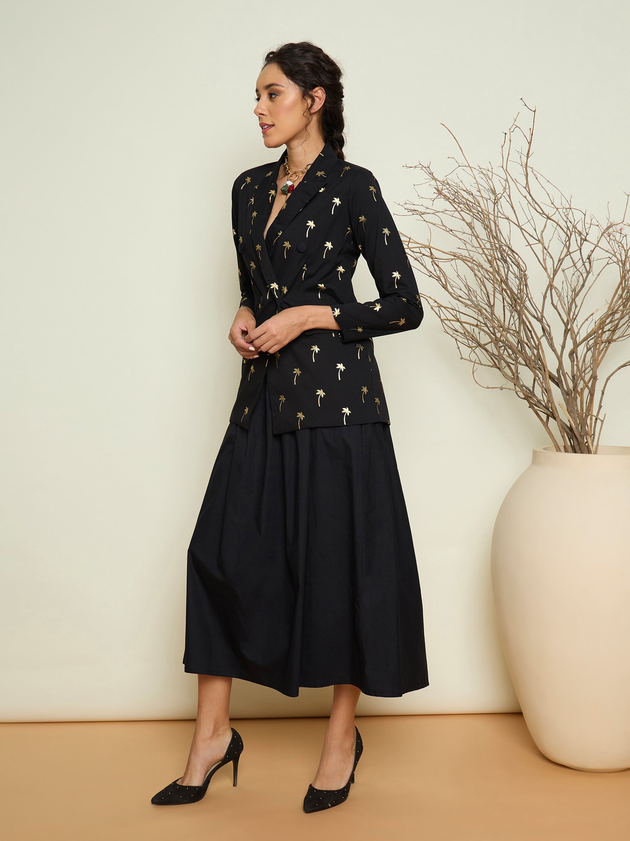 Women Black Foil Printed Blazer With Gathered Skirt