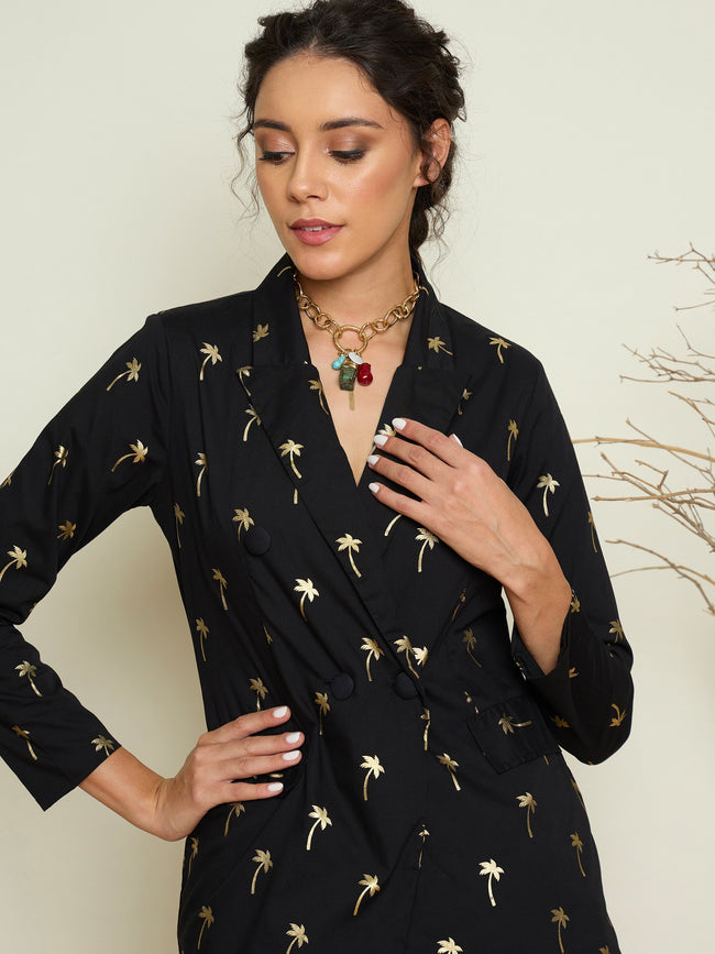 Women Black Foil Printed Blazer With Gathered Skirt