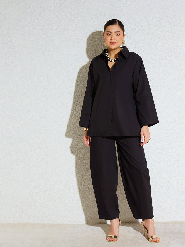 Women Black Poplin Oversize Shirt With Mom Fit Pants