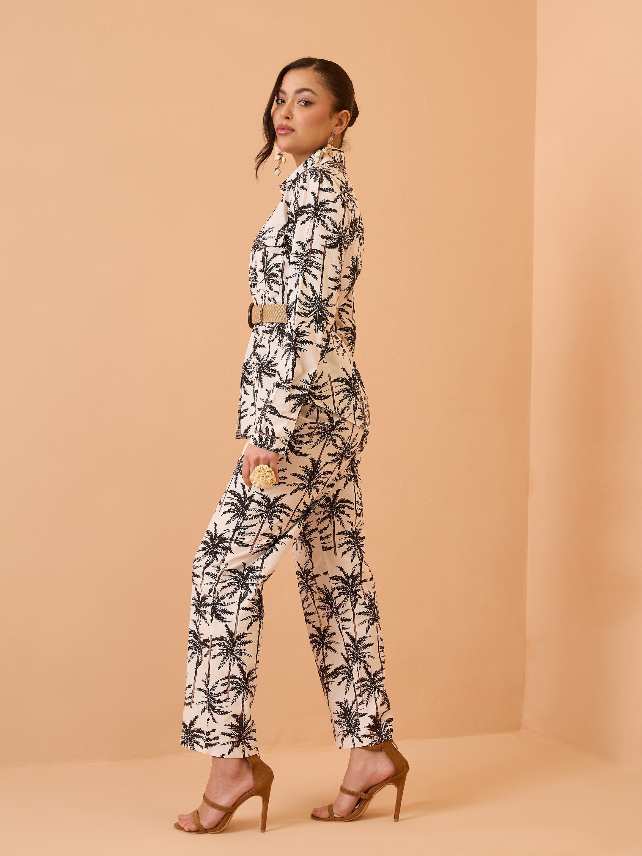 Women Black Tropical Belted Shirt With Straight Pants