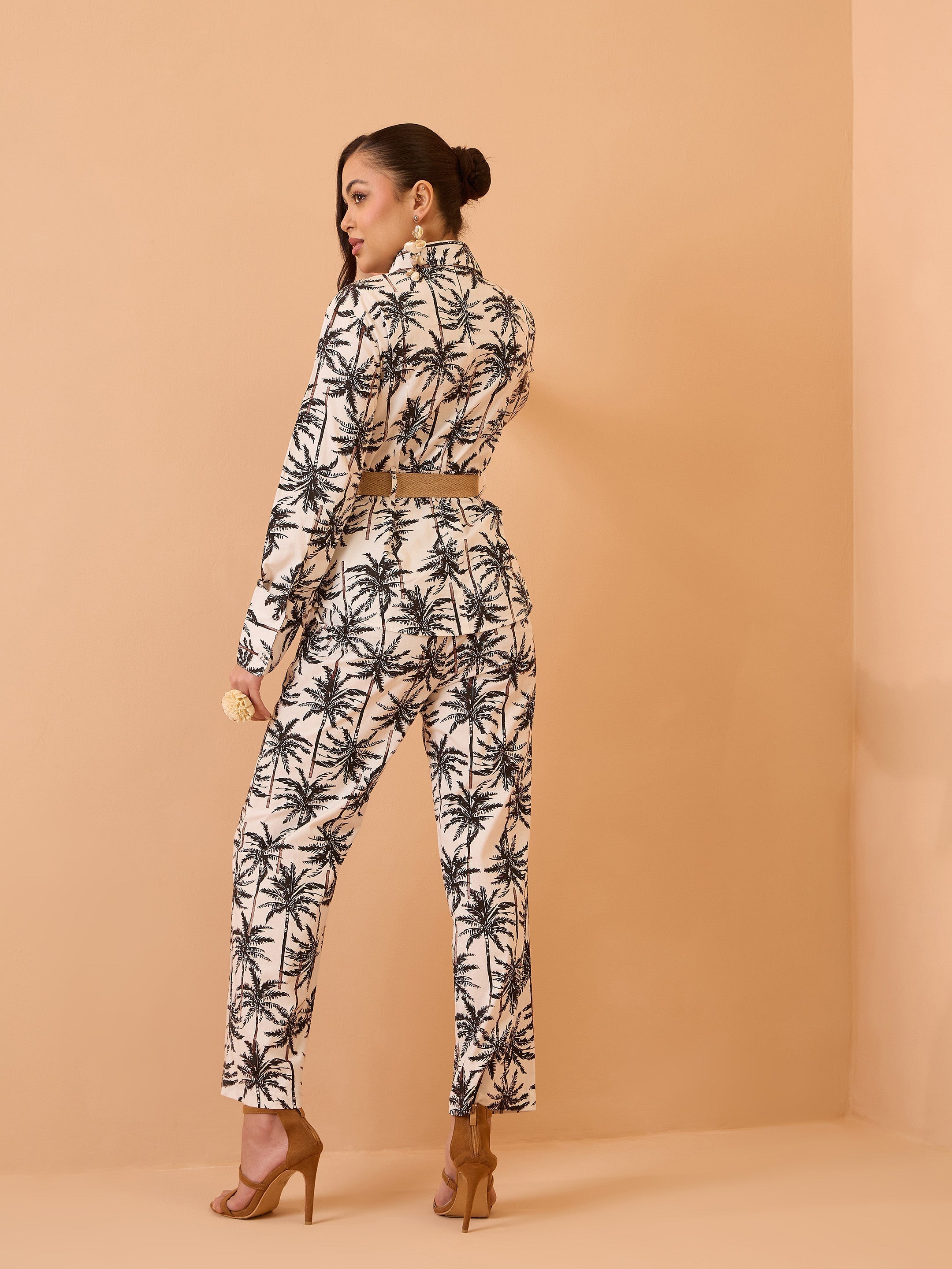 Women Black Tropical Belted Shirt With Straight Pants