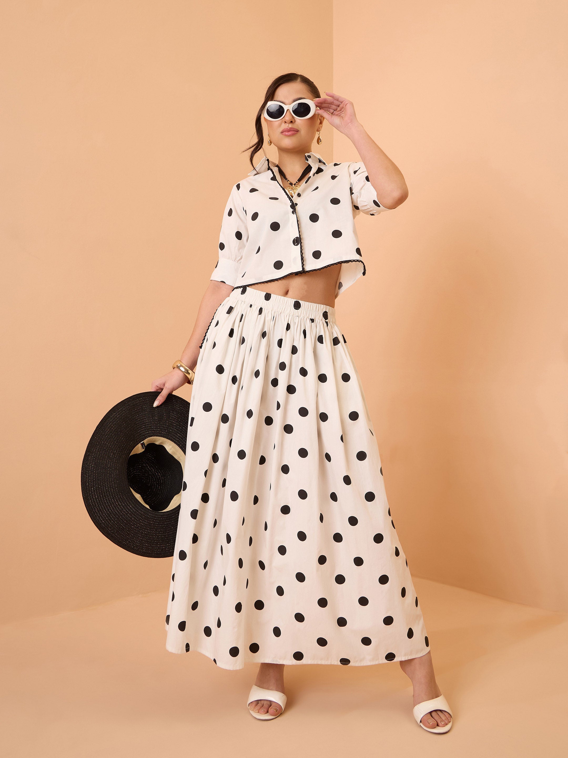 Women White & Black Big Polka Dot Shirt With Skirt