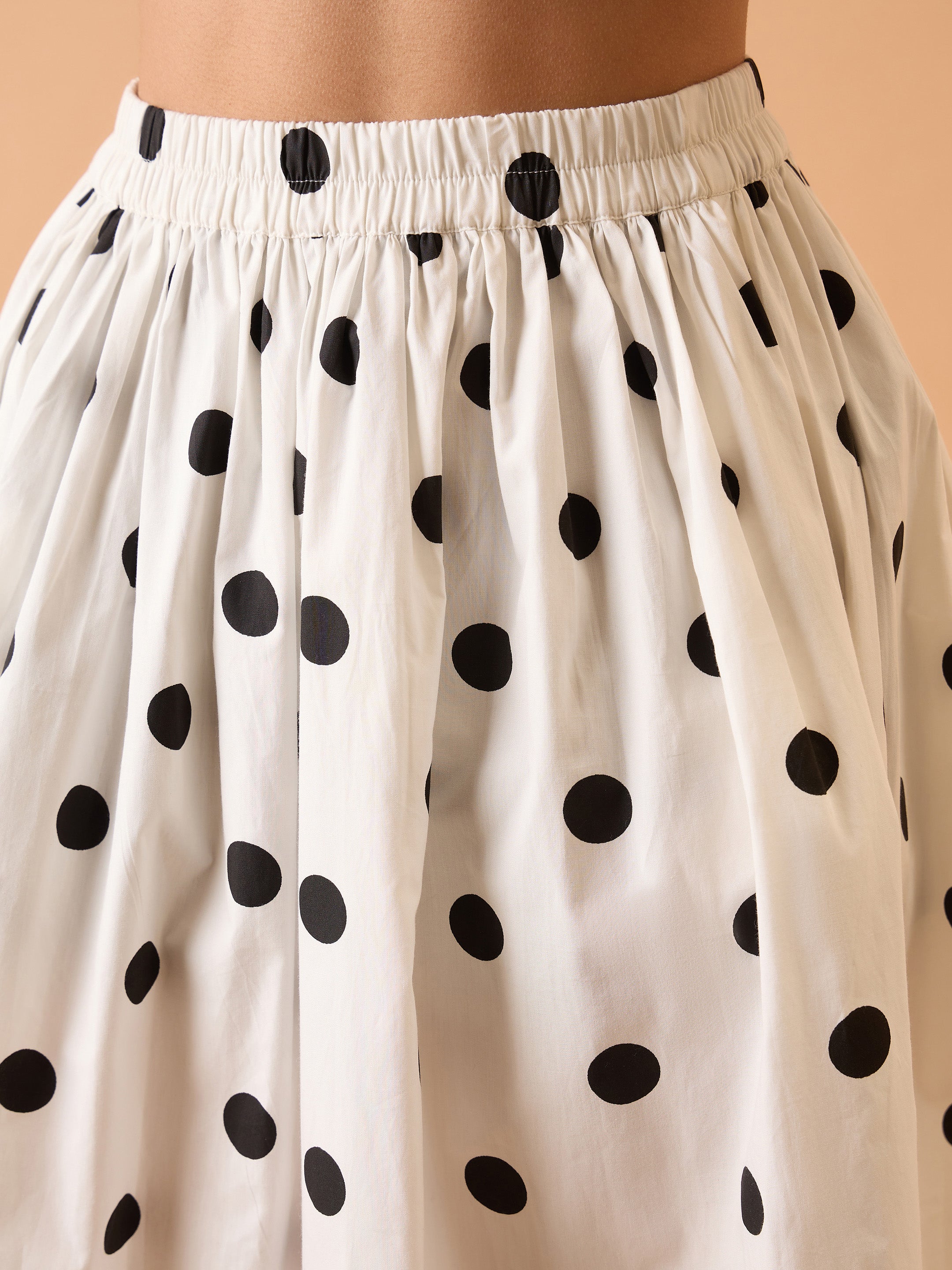 Women White & Black Big Polka Dot Shirt With Skirt