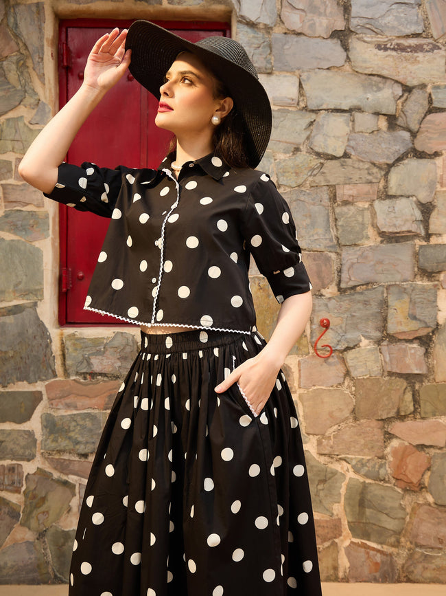 Women Black & White Big Polka Dot Shirt With Skirt