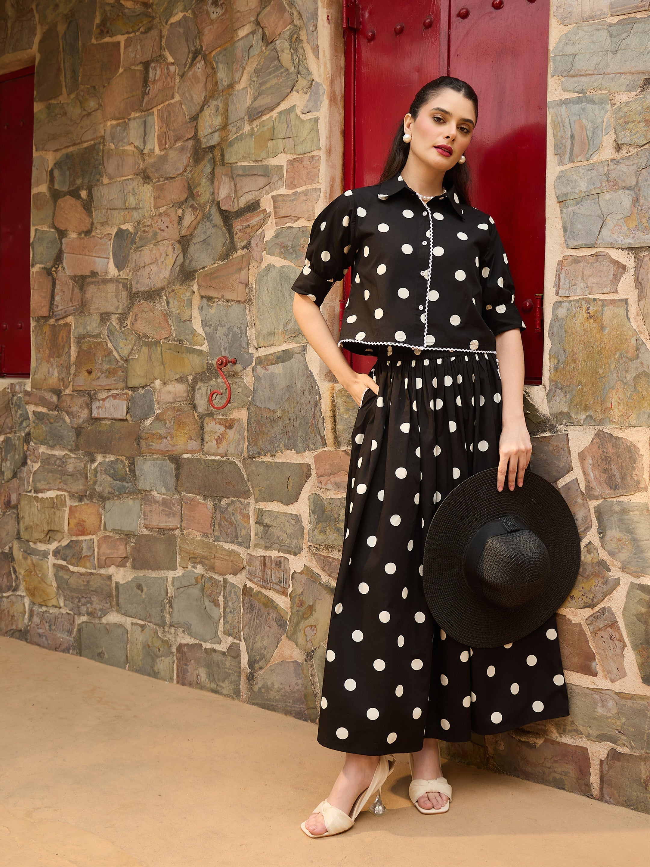 Women Black & White Big Polka Dot Shirt With Skirt
