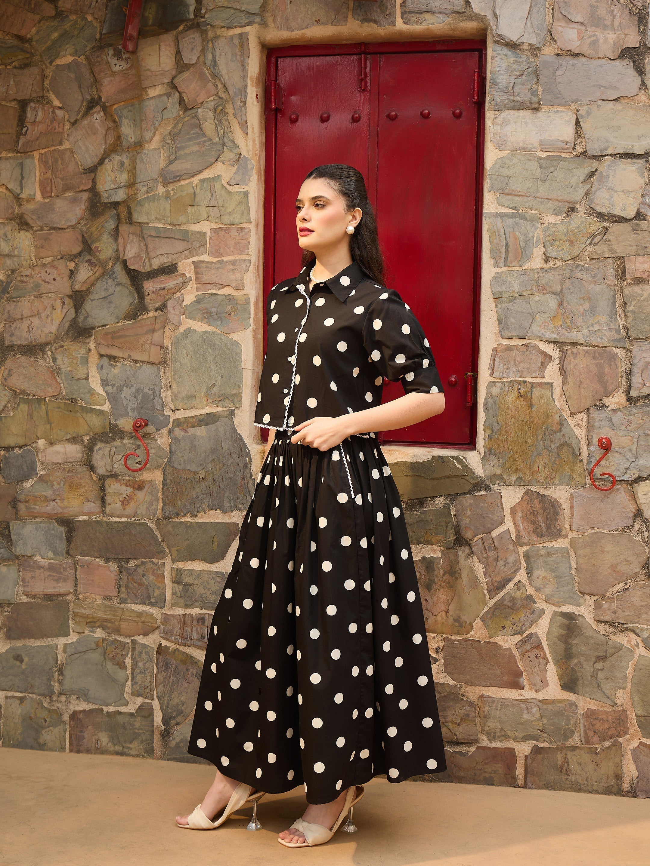 Women Black & White Big Polka Dot Shirt With Skirt