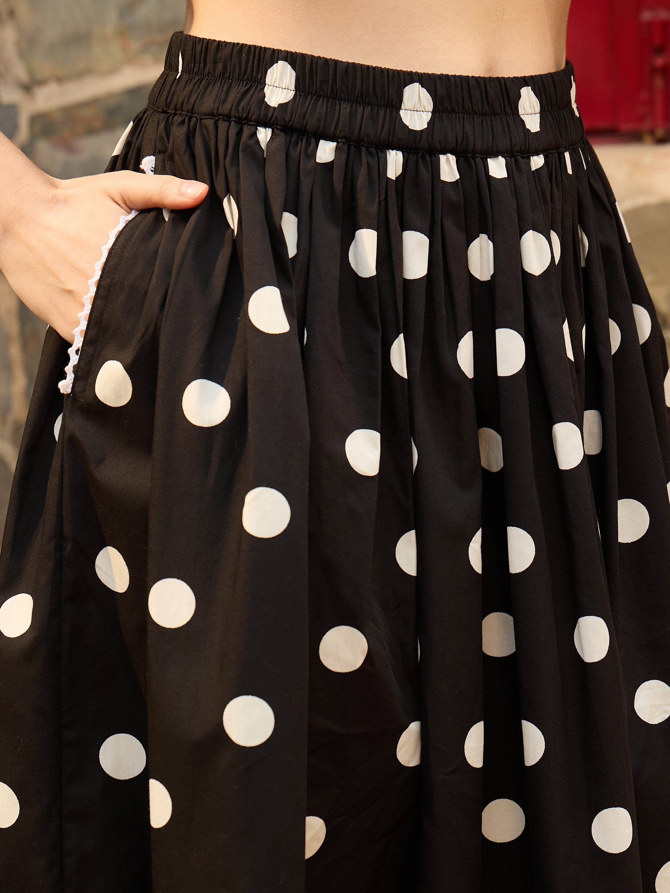 Women Black & White Big Polka Dot Shirt With Skirt