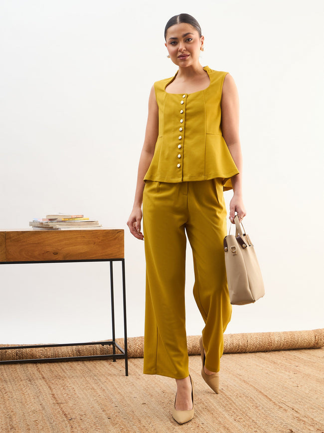 Women Lemon Rhombus Neck Top With Cross Pocket Pants