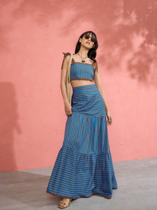Women Blue & Brown Stripe Strappy Tube Top With Tiered Skirt