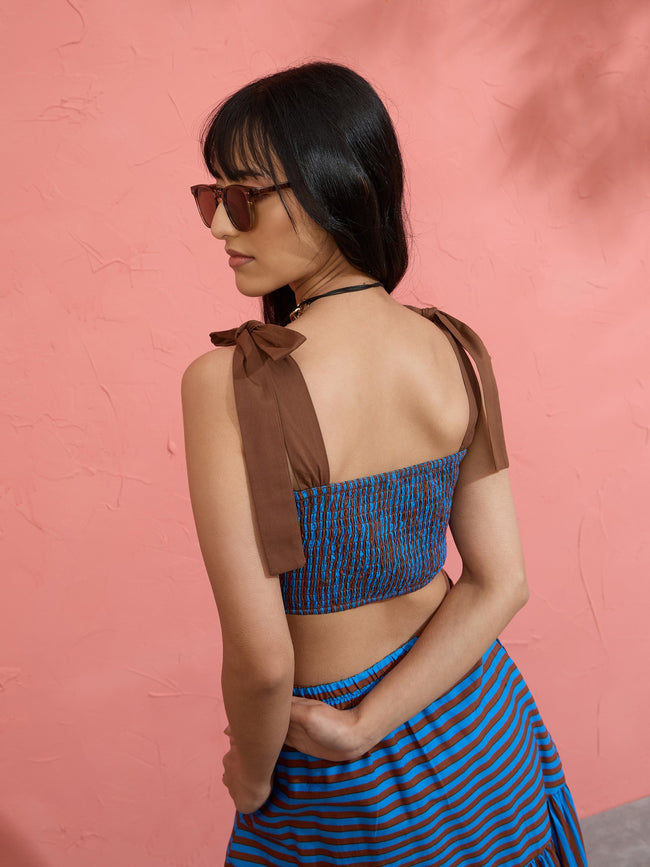 Women Blue & Brown Stripe Strappy Tube Top With Tiered Skirt