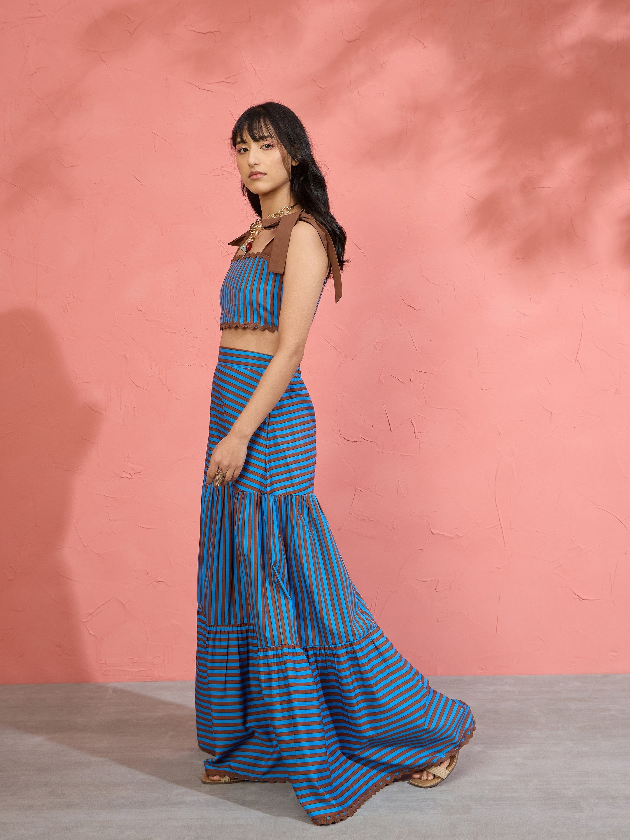Women Blue & Brown Stripe Strappy Tube Top With Tiered Skirt