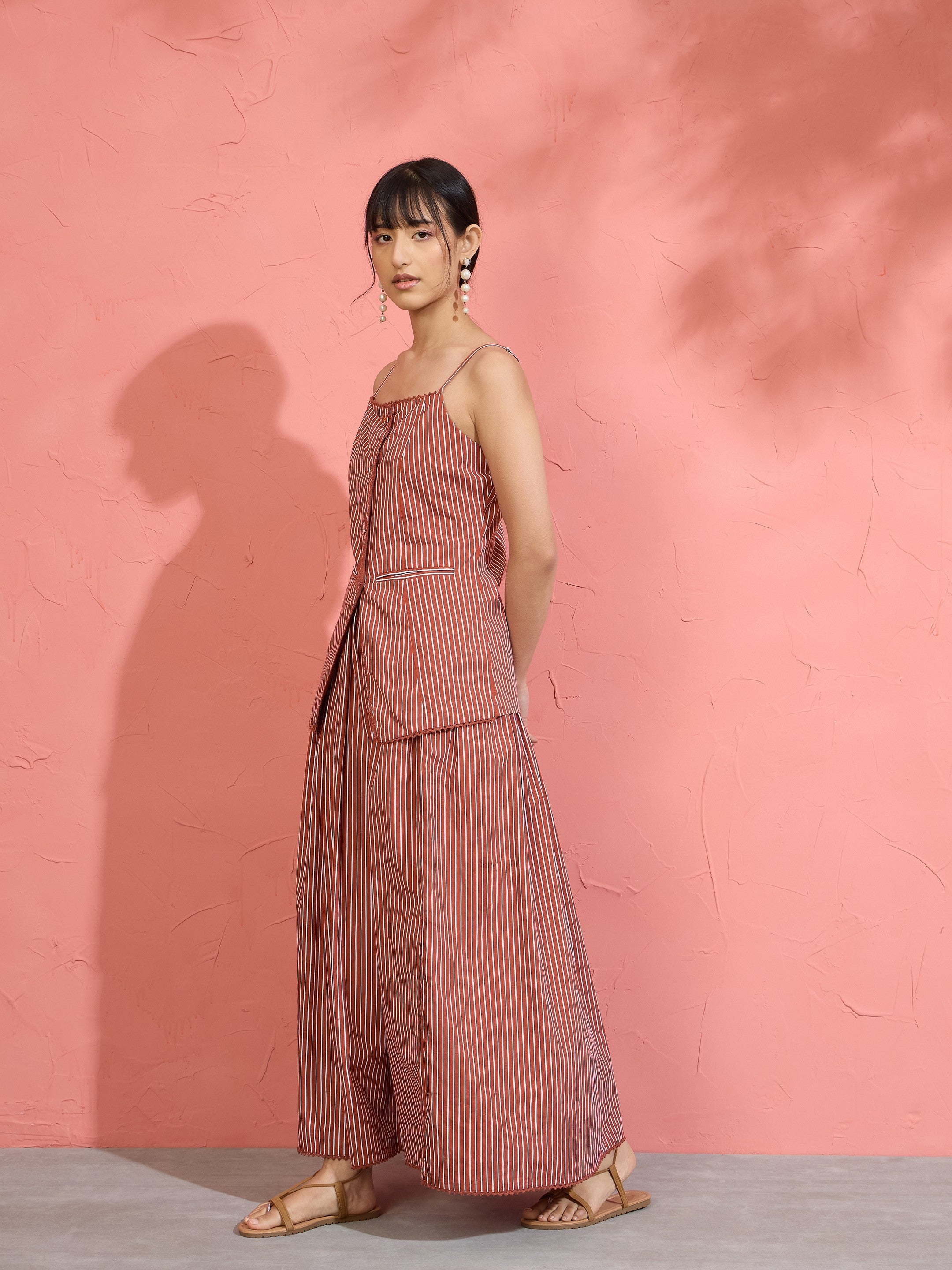 Women Brown Pin Stripe Strappy Vest Top With Gathered Skirt