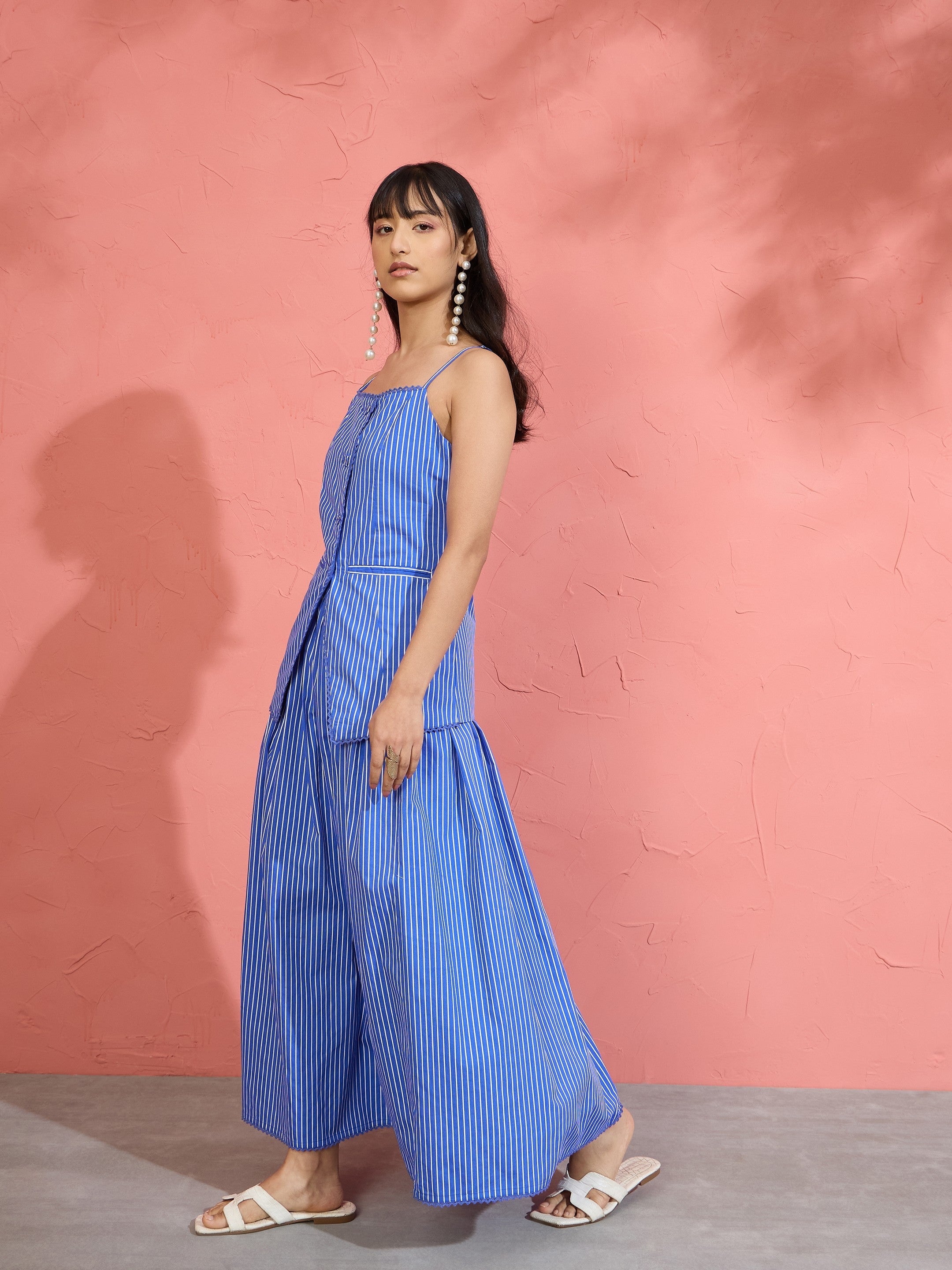 Women Blue Pin Stripe Strappy Vest Top With Gathered Skirt