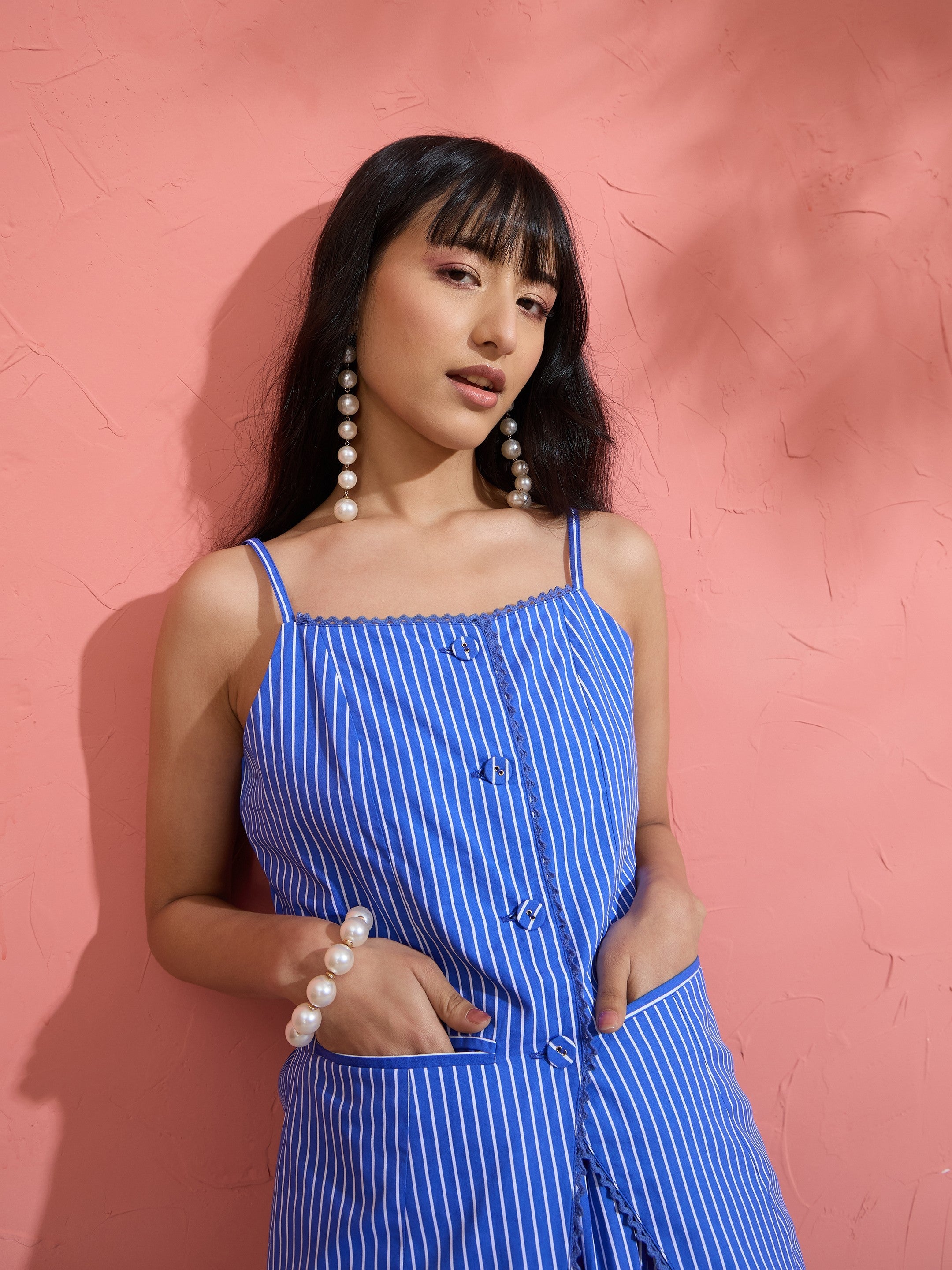 Women Blue Pin Stripe Strappy Vest Top With Gathered Skirt