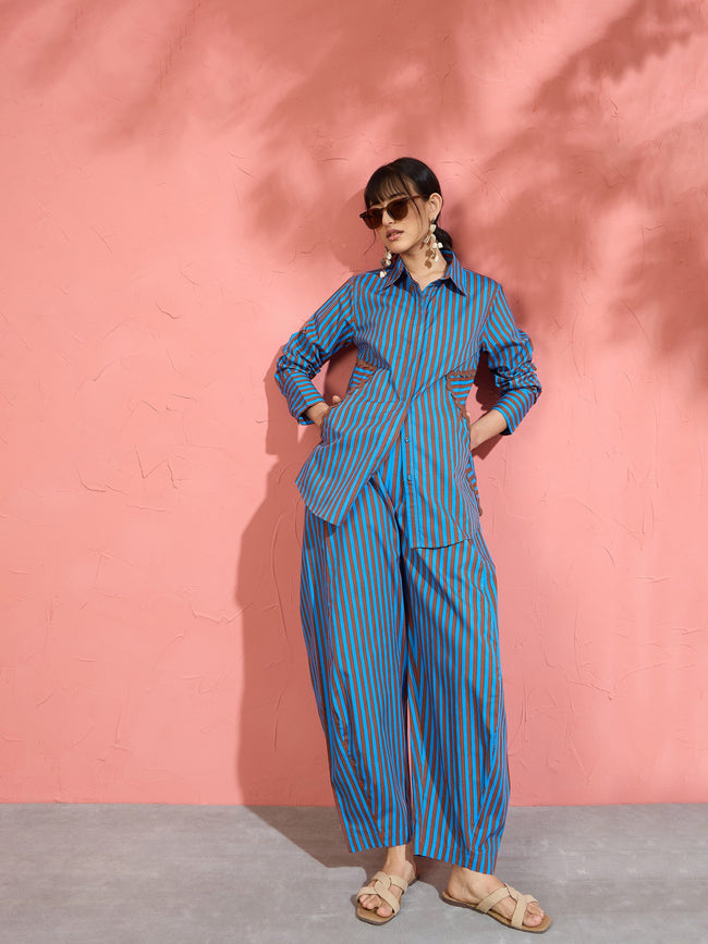 Women Blue & Brown Stripe Shirt With Balloon Pants